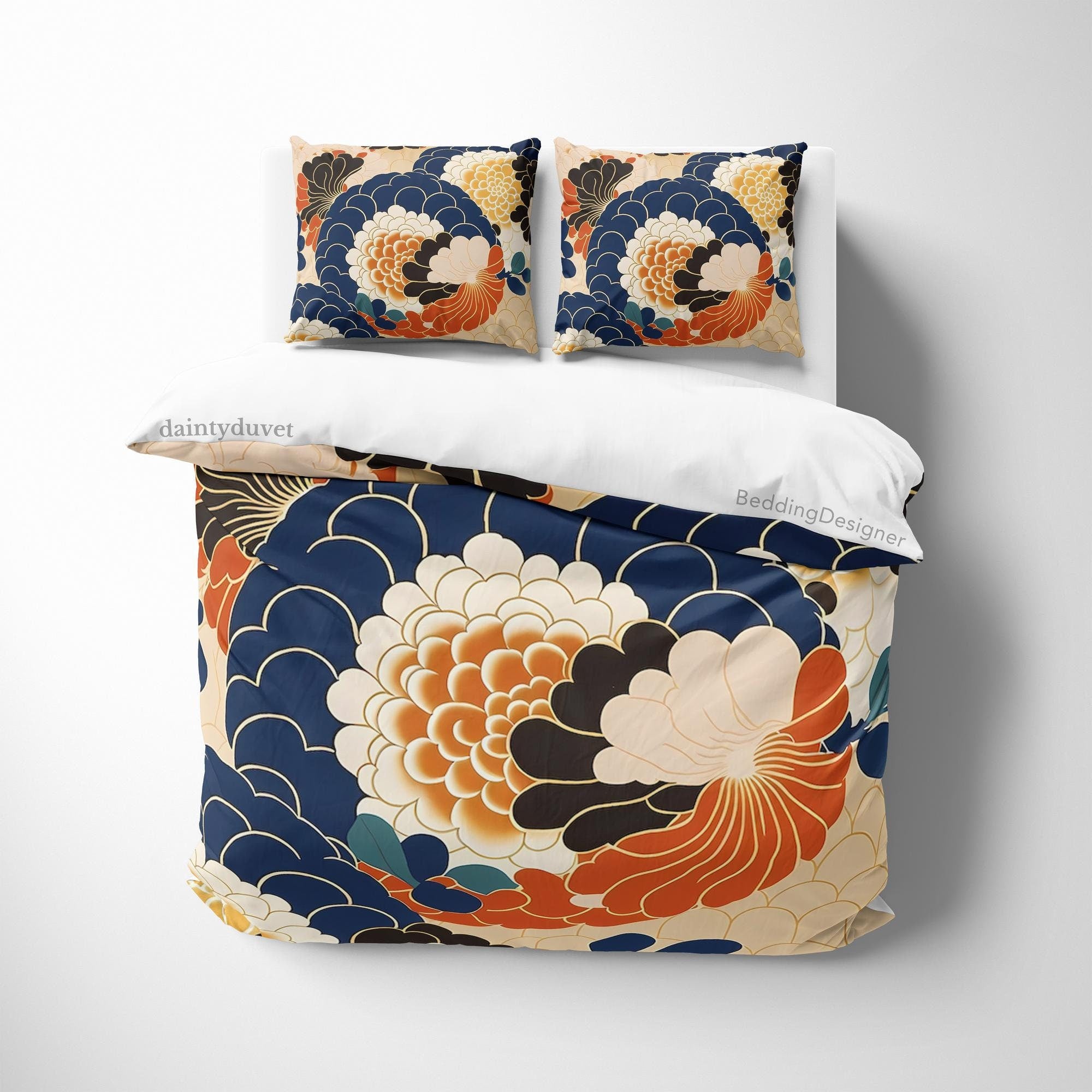 BeddingDesigner - Blue Japanese Pattern Duvet Cover Chrysanthemum Flower Quilt Cover, Colorful Bedding Set Teens Room Blanket Cover, Adults Bedroom Bedspread