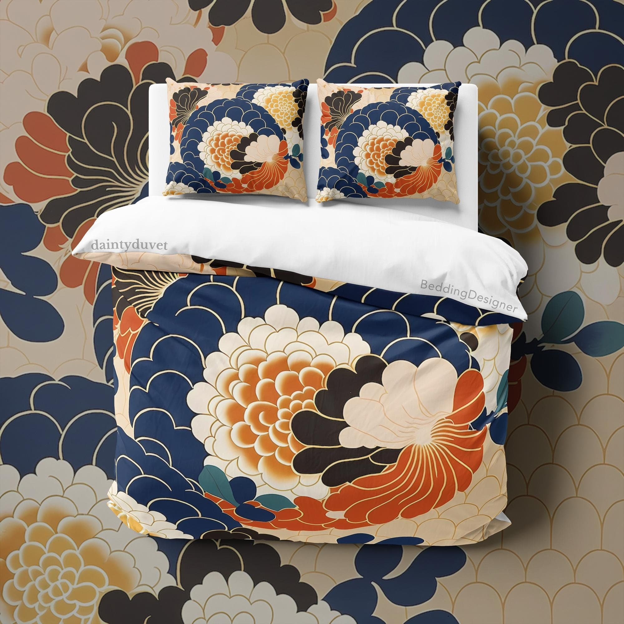 BeddingDesigner - Blue Japanese Pattern Duvet Cover Chrysanthemum Flower Quilt Cover, Colorful Bedding Set Teens Room Blanket Cover, Adults Bedroom Bedspread