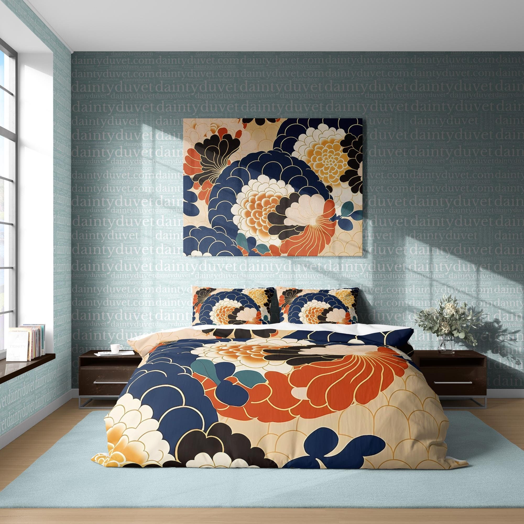 BeddingDesigner - Blue Japanese Pattern Duvet Cover Chrysanthemum Flower Quilt Cover, Colorful Bedding Set Teens Room Blanket Cover, Adults Bedroom Bedspread