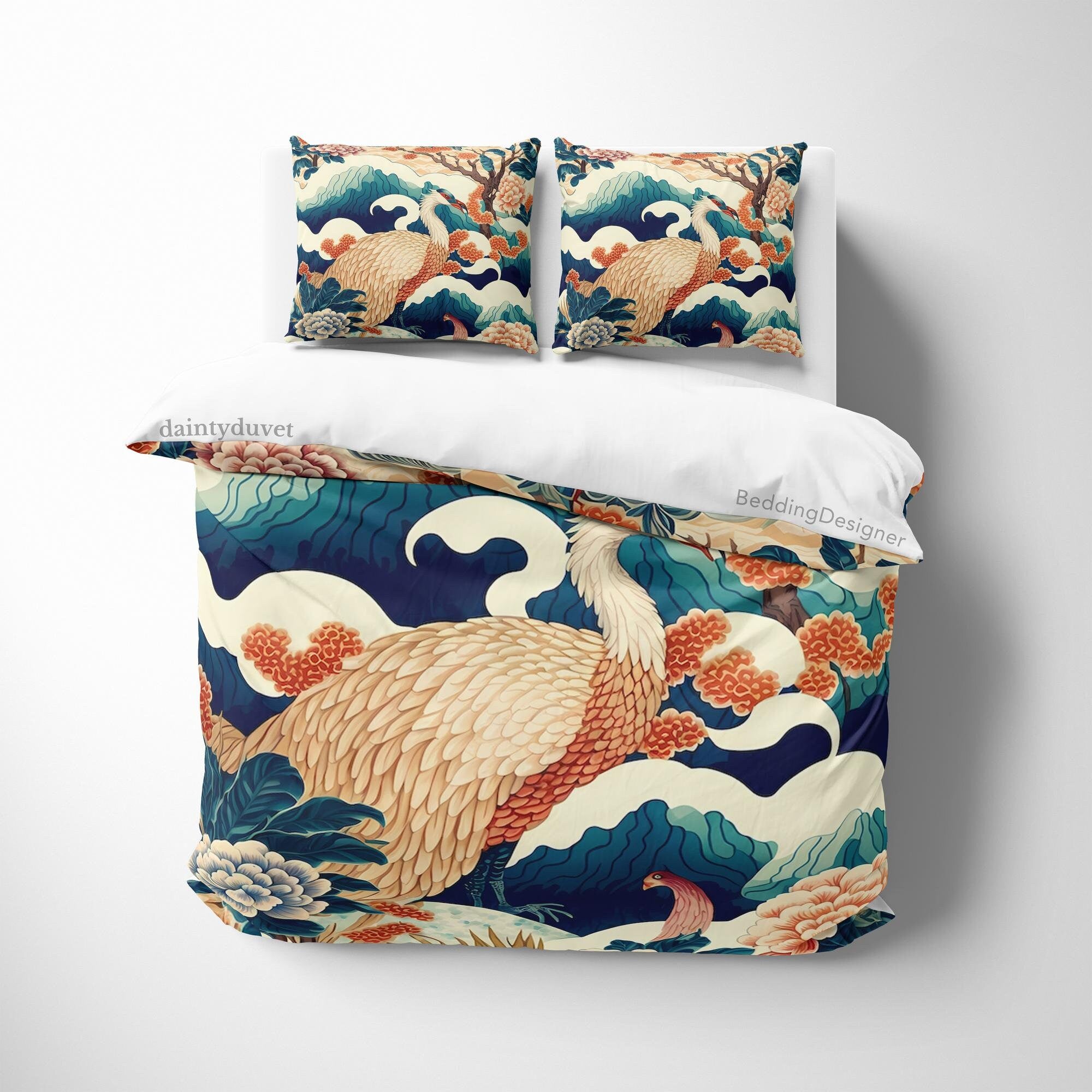 BeddingDesigner - Legendary Bird Duvet Cover Japanese Quilt Cover, Basan Bedding Set Mythical Creature Blanket Cover, Colorful Bedspread Wave Bed Cover