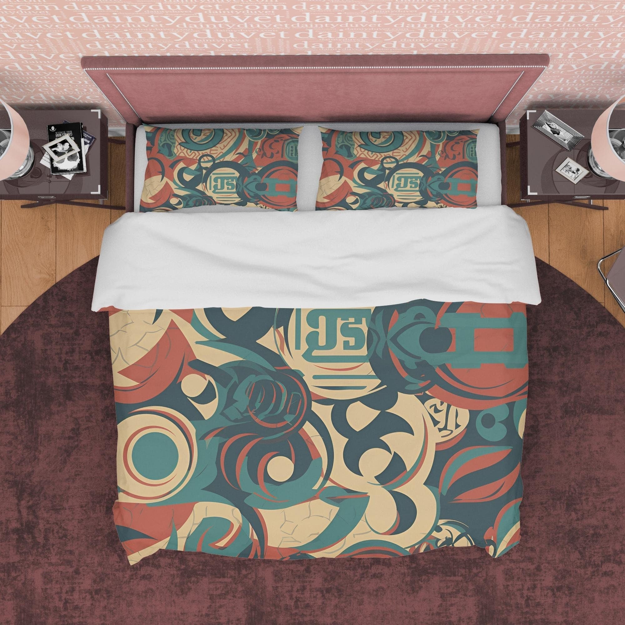 Abstract Retro Bedding Set, 70s Nostalgia Duvet Cover, Green Quilt Cover, Geometric Bedspread, Unique Bed Cover, Zipper Bedding