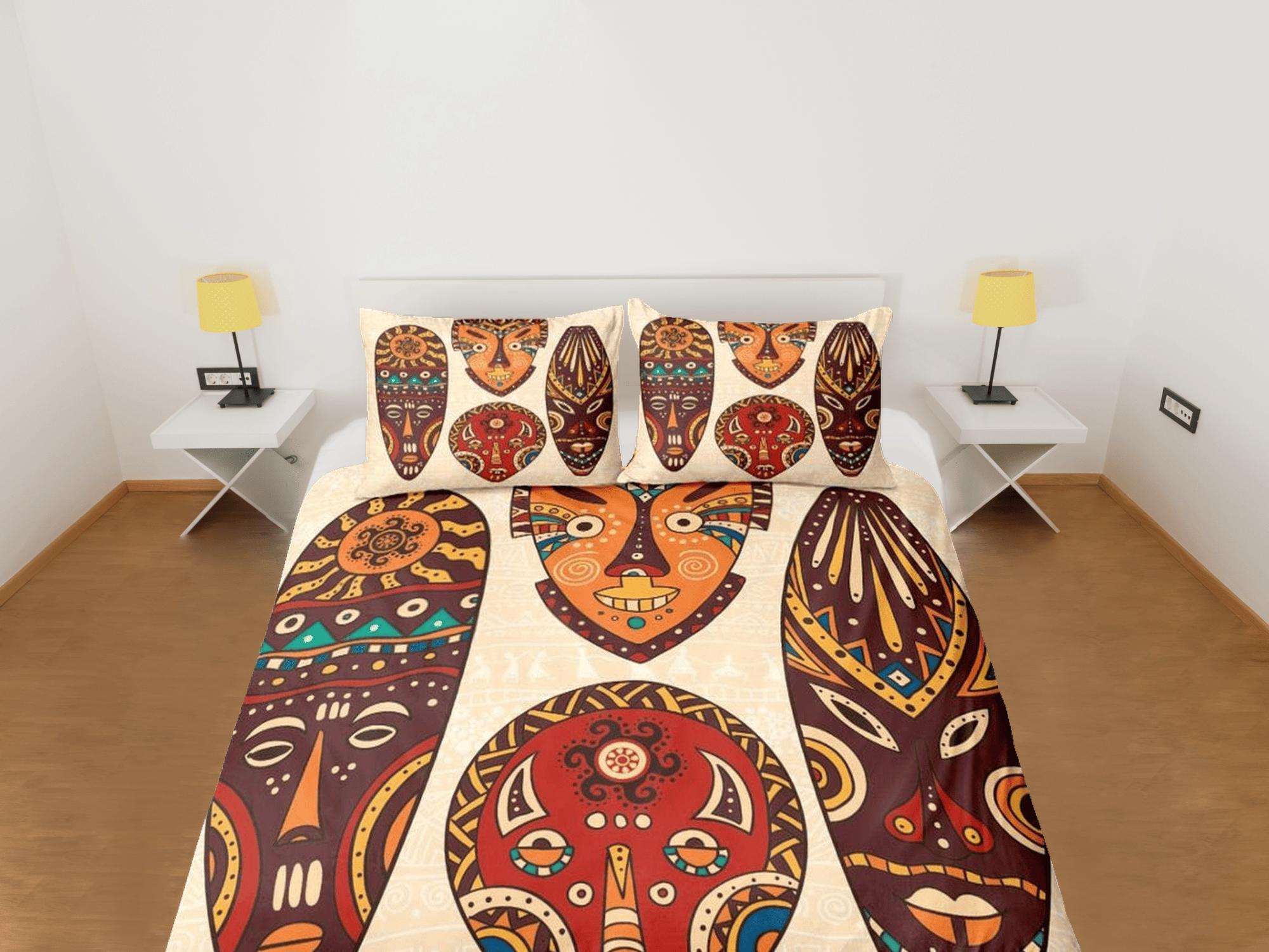 daintyduvet African tribal masks beige bedding set duvet cover, boho bedding set african ethnic designs afrocentric designer bedding, south african gift