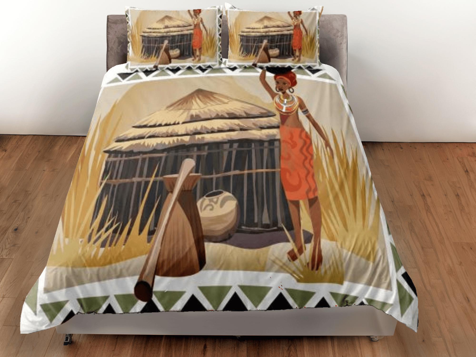 daintyduvet African woman painting bedding set duvet cover, boho bedding, african ethnic designs, afrocentric art designer bedding, south african gift