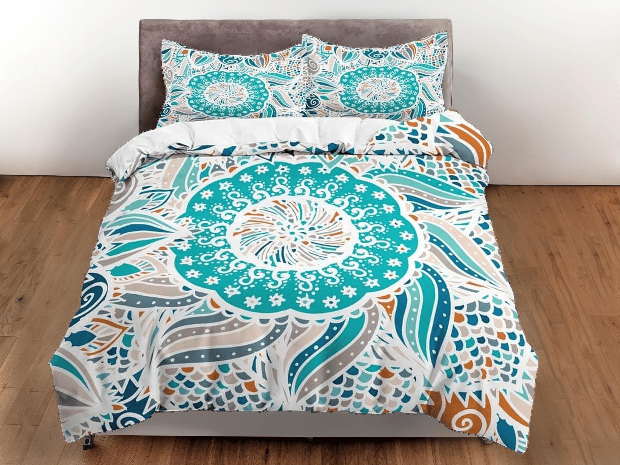 daintyduvet Aqua sea green patchwork quilt fish scales printed duvet cover set, aesthetic bedding set full, king, queen size, boho bedspread shabby chic