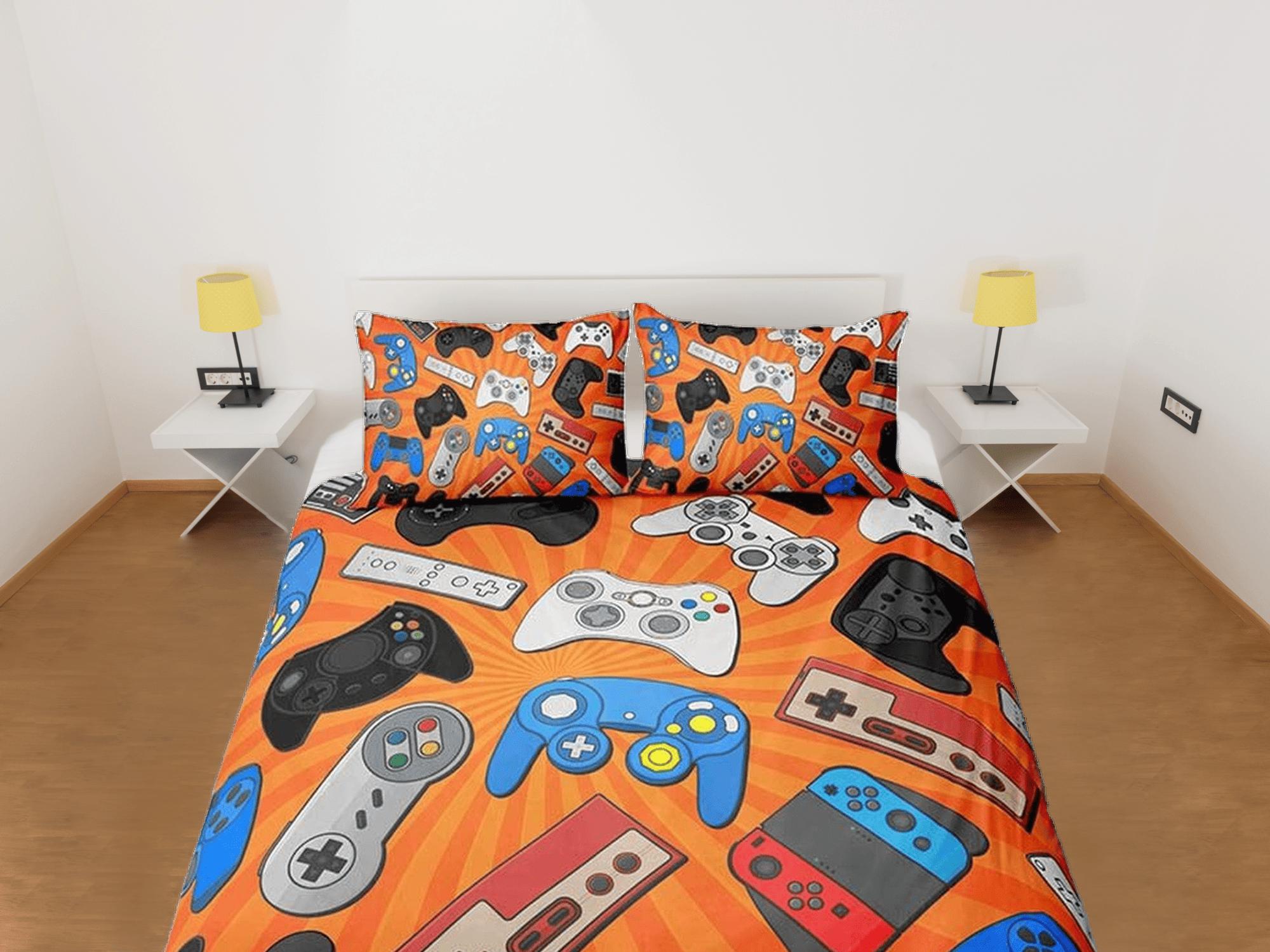 daintyduvet Assorted controllers gamer bedding orange duvet cover, video gamer boyfriend gift bedding set full king queen twin boys bedroom dorm bedding