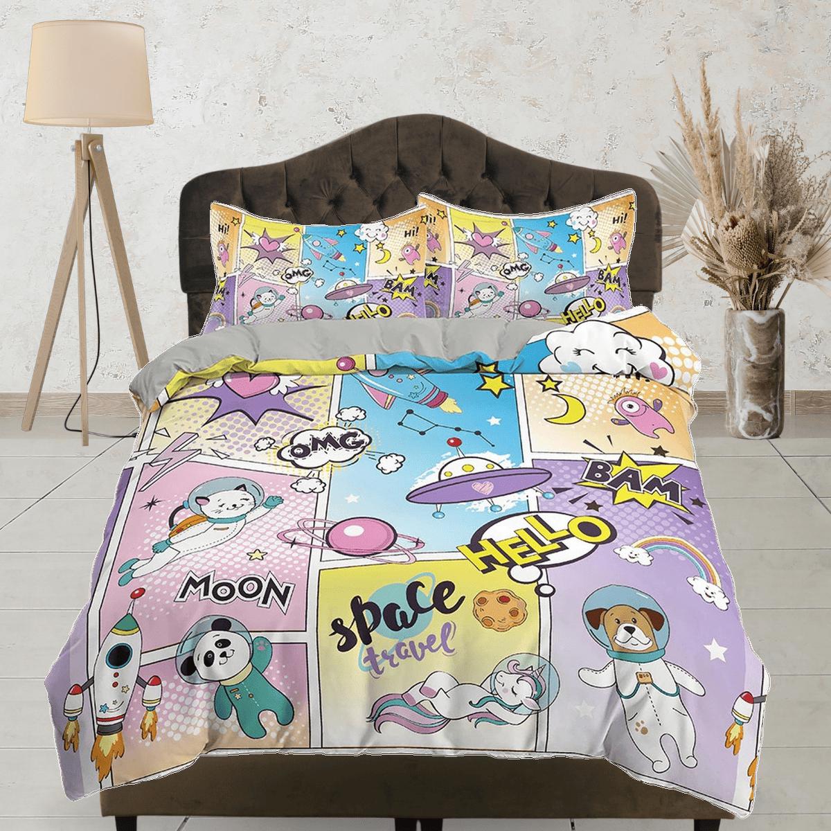 daintyduvet Astro panda and bear comics pastel colored toddler bedding, unique duvet cover kids, crib bedding, baby zipper bedding, king queen full twin