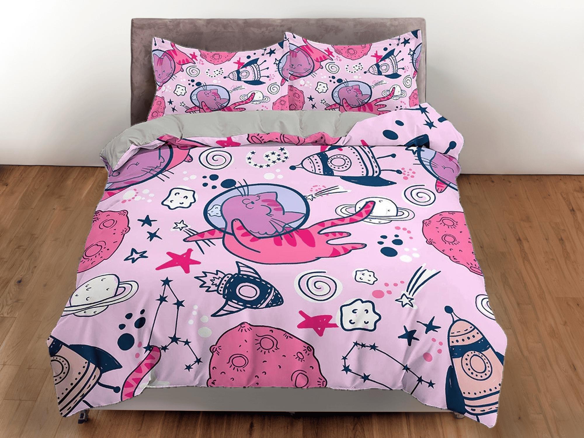 daintyduvet Astronaut Cat in Space Kids Baby Pink Duvet Cover Set, Toddler Bedding, Kids Bedroom, Cute Bedding, Duvet King Queen Full Twin Single