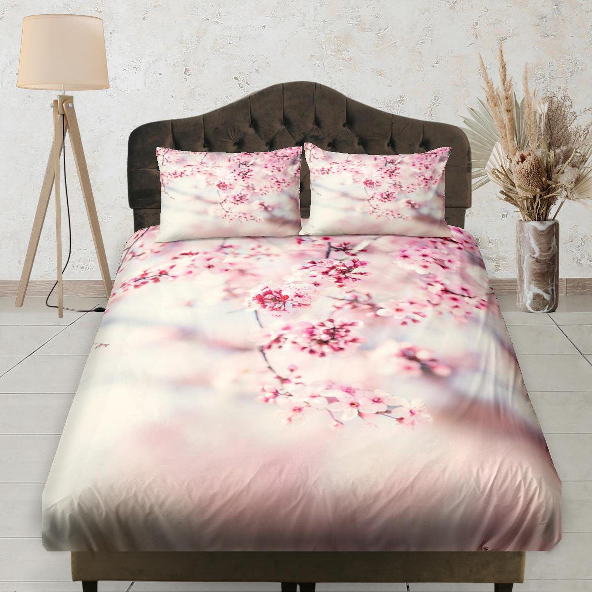 daintyduvet Baby Pink Cherry Blossoms Fitted Bedsheet, Floral Prints, Aesthetic Boho Bedding Set Full, Dorm Bedding, Crib Sheet, Shabby Chic Bedding