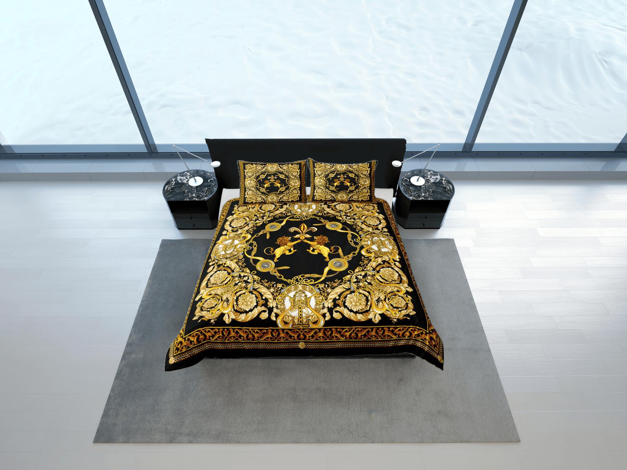 daintyduvet Baroque Black Gold Lion Luxury Duvet Cover Aesthetic Bedding Set Full Victorian Decor