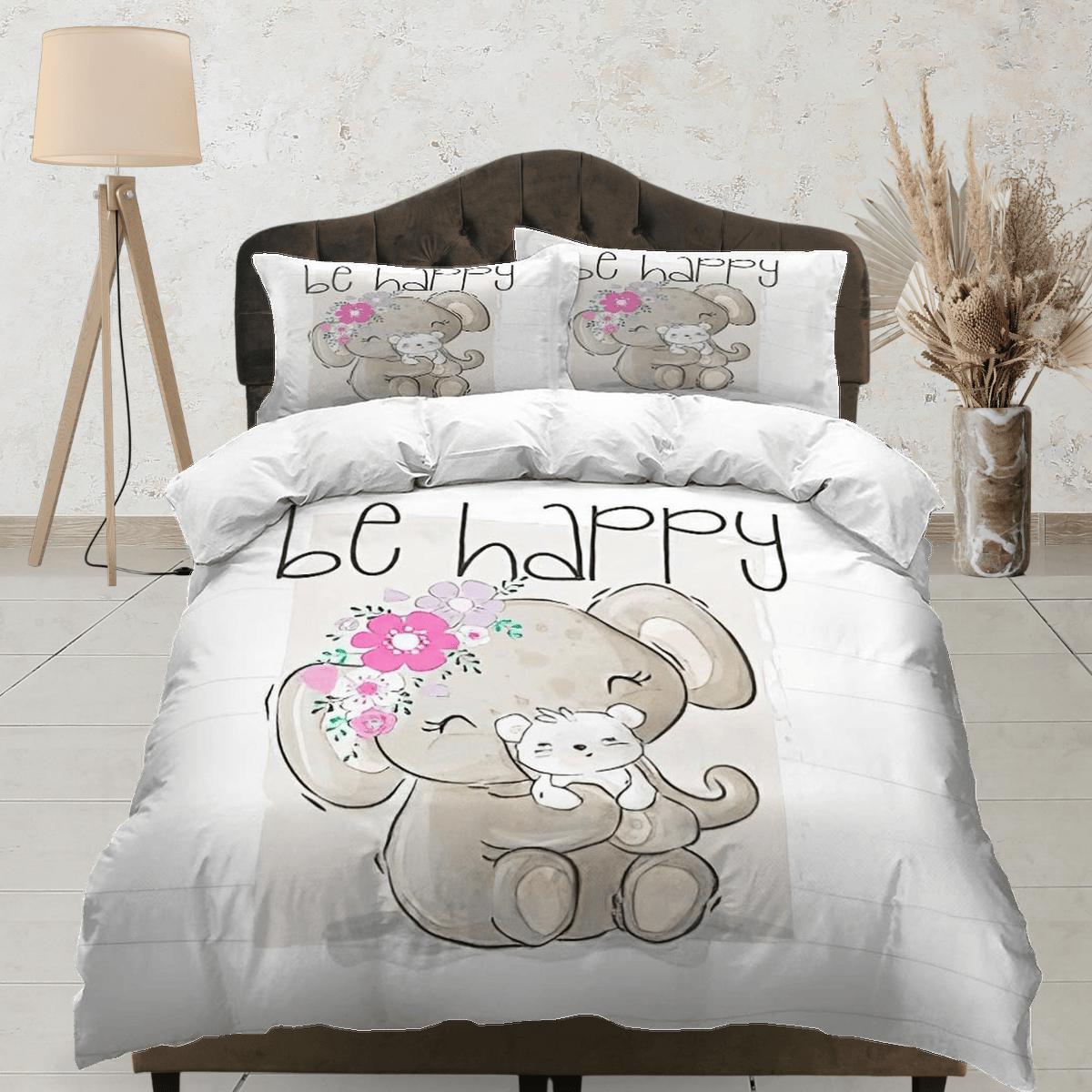 daintyduvet Be happy elephant holding puppy bedding cute duvet cover set, kids bedding full, nursery bed decor, elephant baby shower, toddler bedding