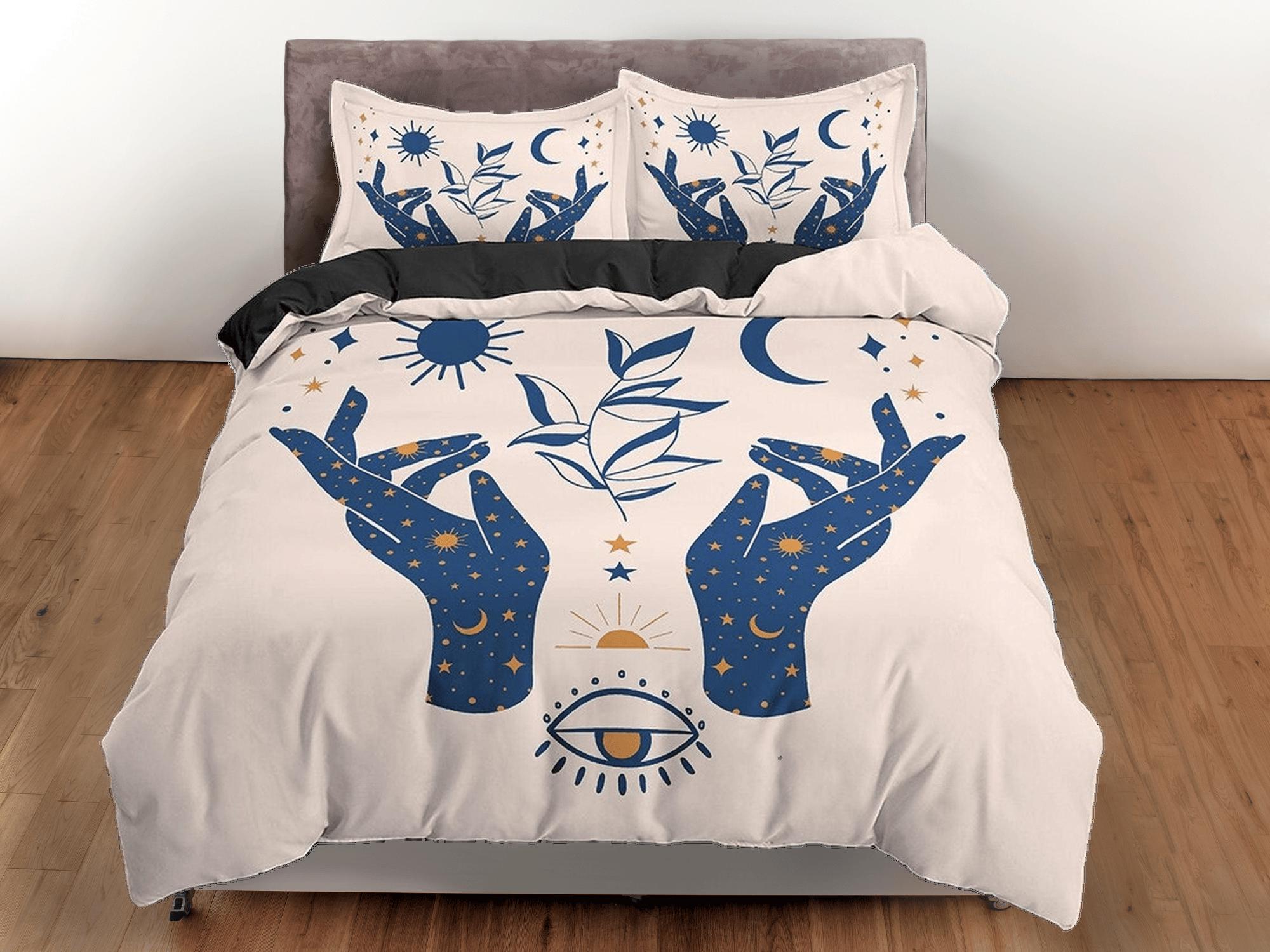 daintyduvet Beige Boho Bedding with Celestial Art Design in Blue, Gothic Duvet Cover Set, Witchy Dorm Bedding, Aesthetic Duvet King Queen Full Twin