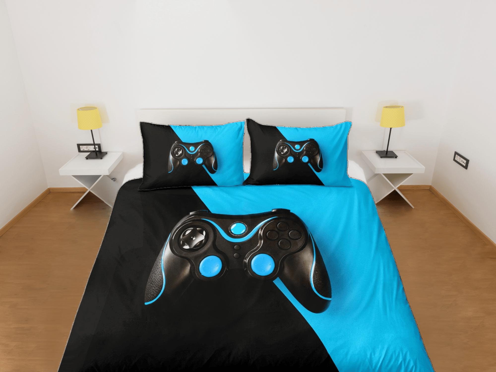 daintyduvet Black and blue gamer bedding duvet cover, video gamer boyfriend gift bedding set full king queen twin, boys bedroom, college dorm bedding