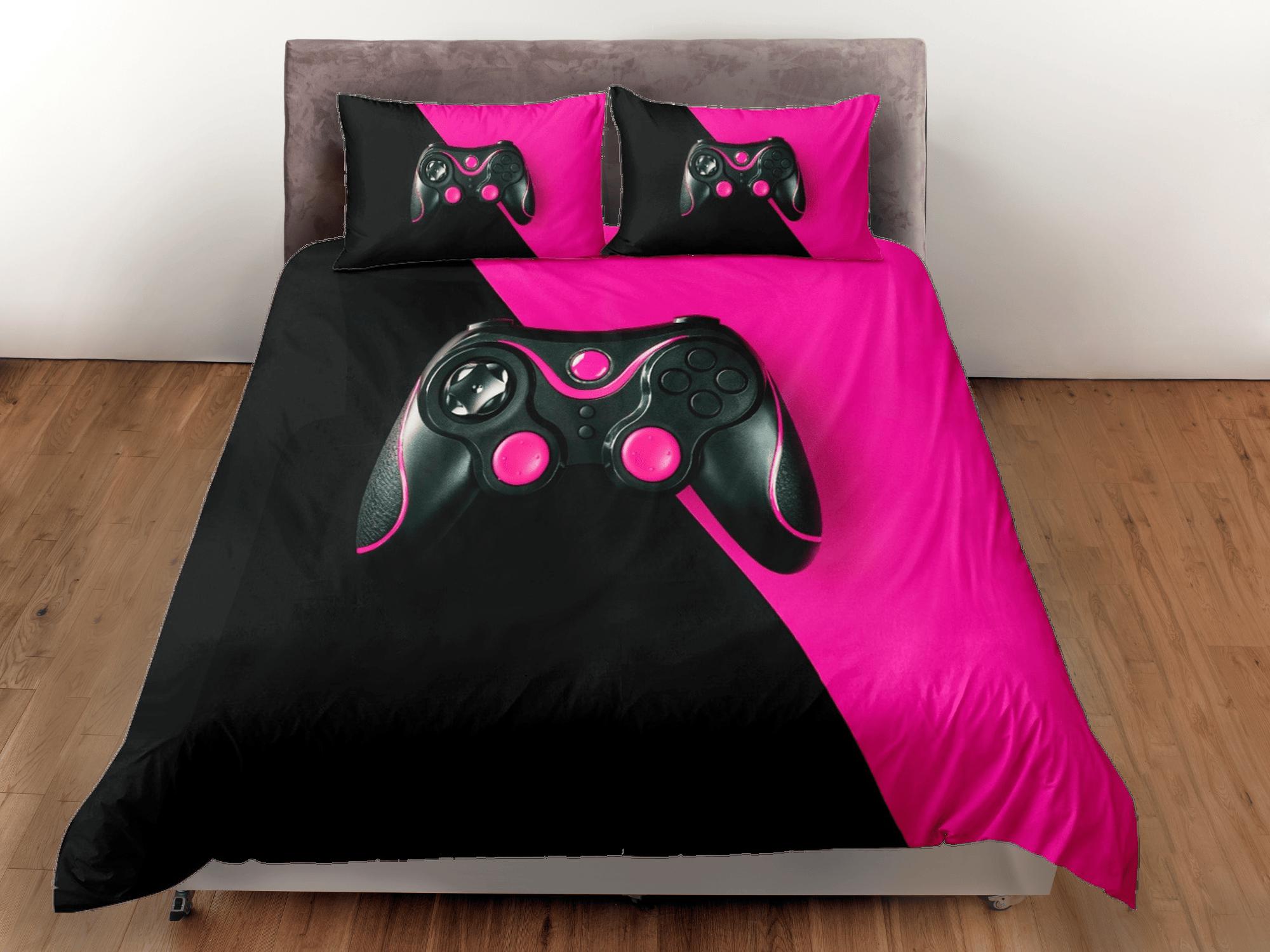 daintyduvet Black and pink gamer bedding duvet cover, video gamer girl gift bedding set full king queen twin, boys bedroom, college dorm bedding