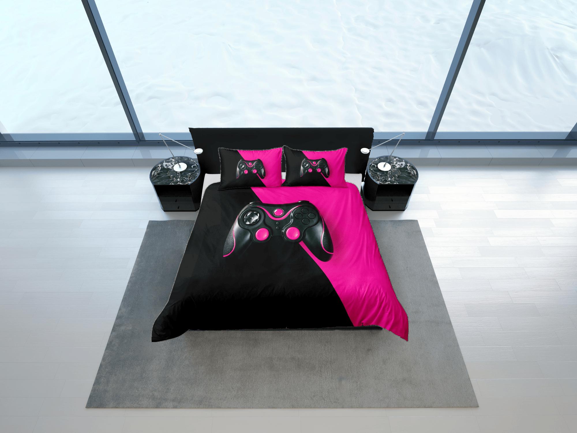 daintyduvet Black and pink gamer bedding duvet cover, video gamer girl gift bedding set full king queen twin, boys bedroom, college dorm bedding