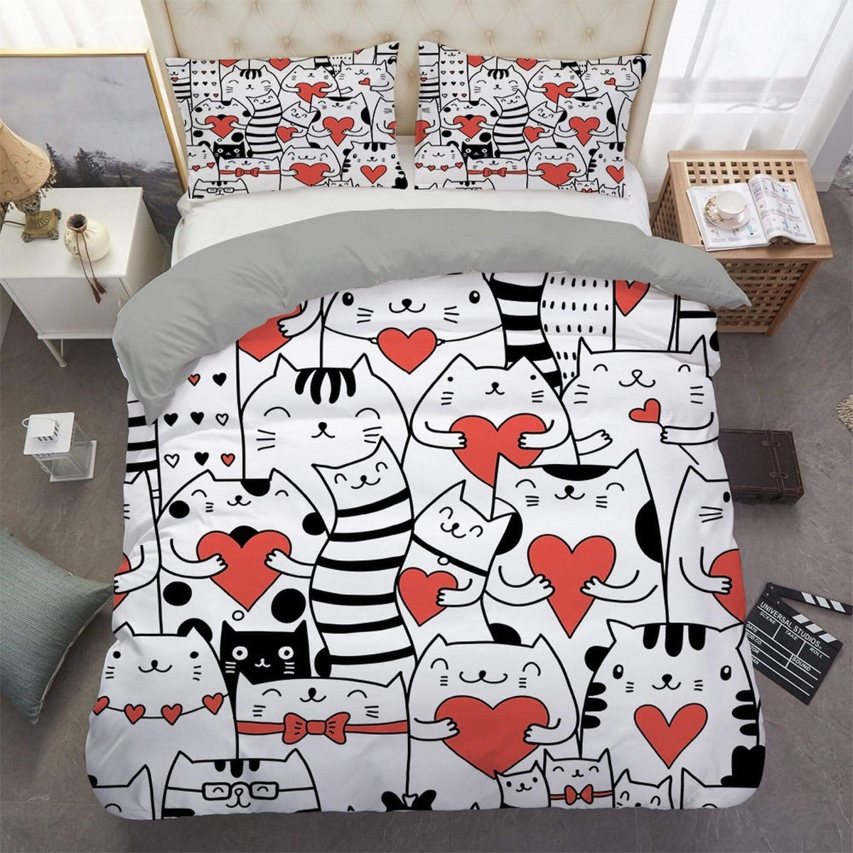 daintyduvet Black and white bedding cats with hearts, unisex toddler bedding, kids duvet cover set, gift for cat lovers, baby bedding, baby shower gift