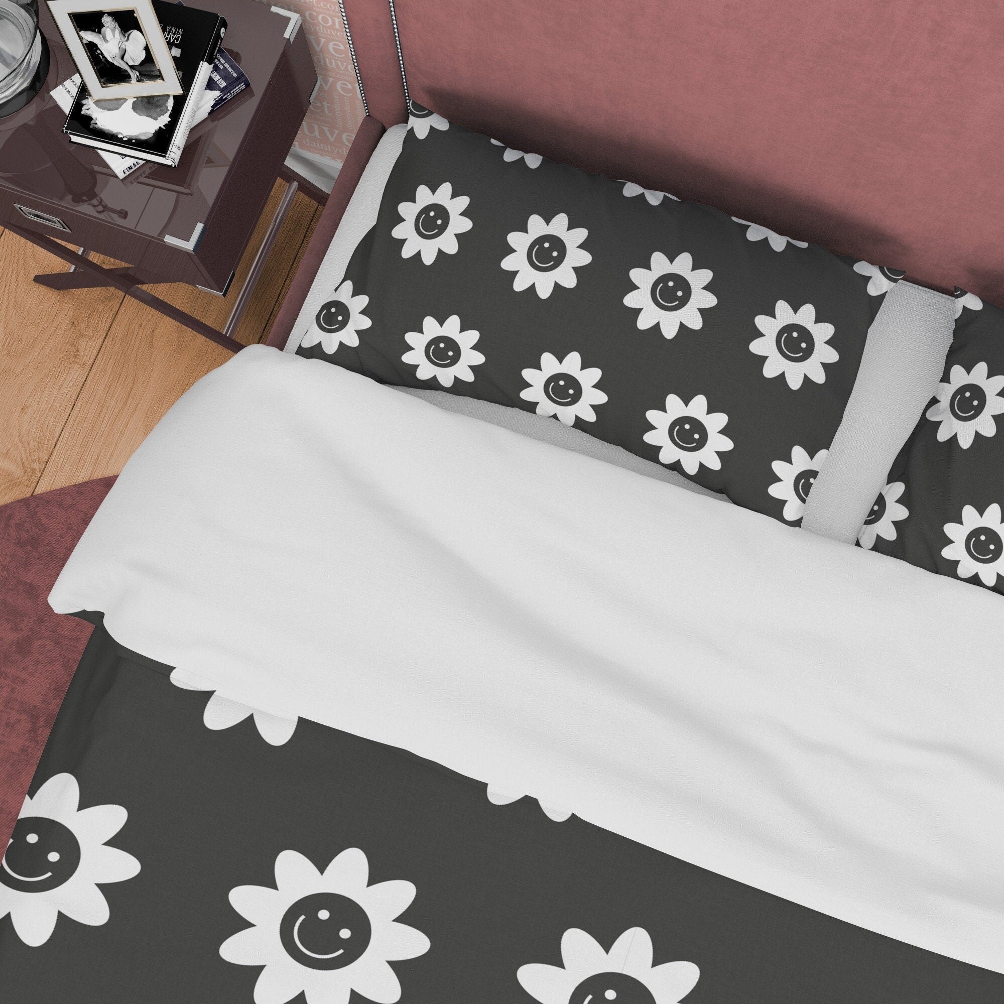 Black and White Cotton Duvet Cover Set Happy Flower Blanket Cover, Retro Printed Bedding Set, Groovy Bedspread, 90s Nostalgia Quilt Cover