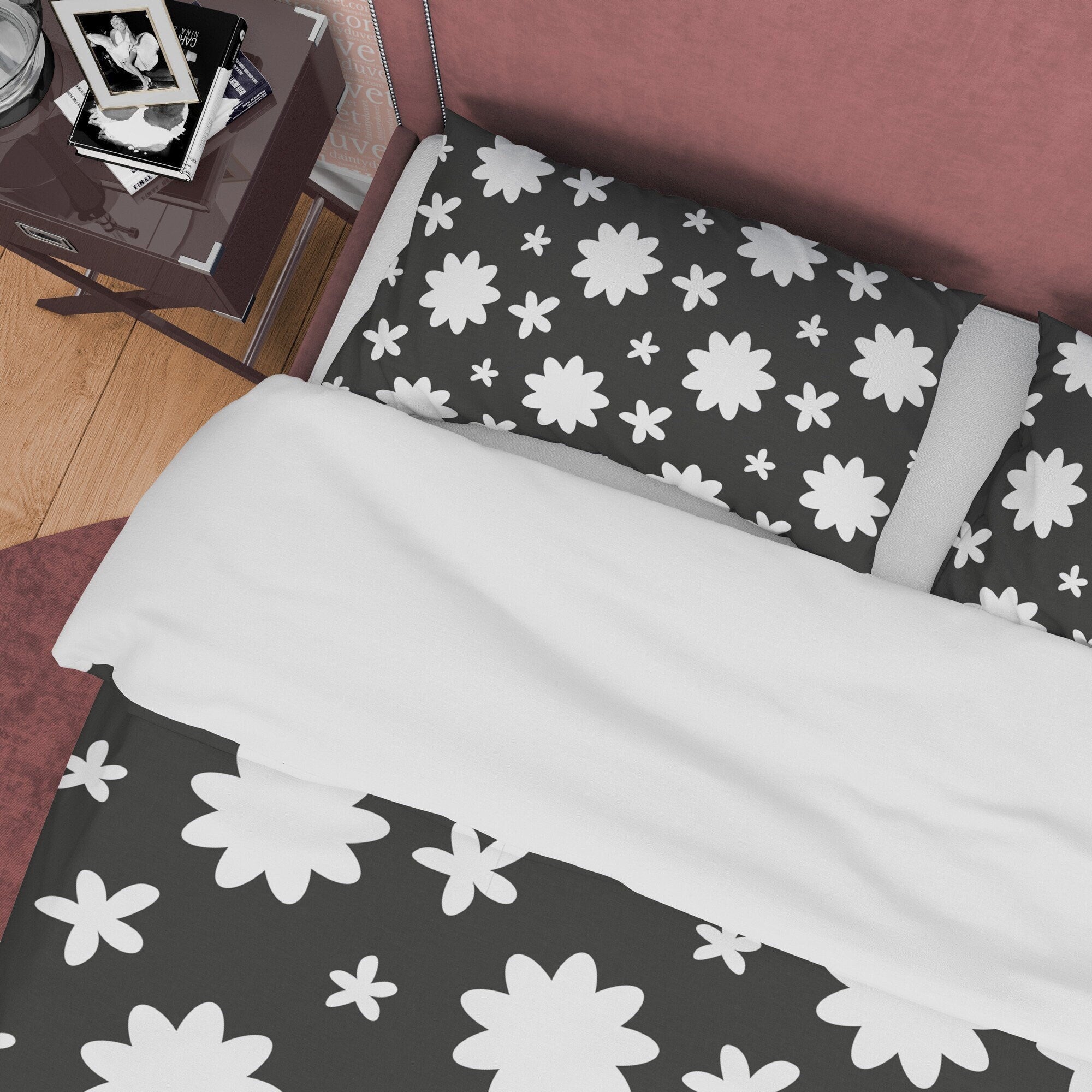 Black and White Duvet Cover Set, Geometric Flower Blanket Cover 90s No