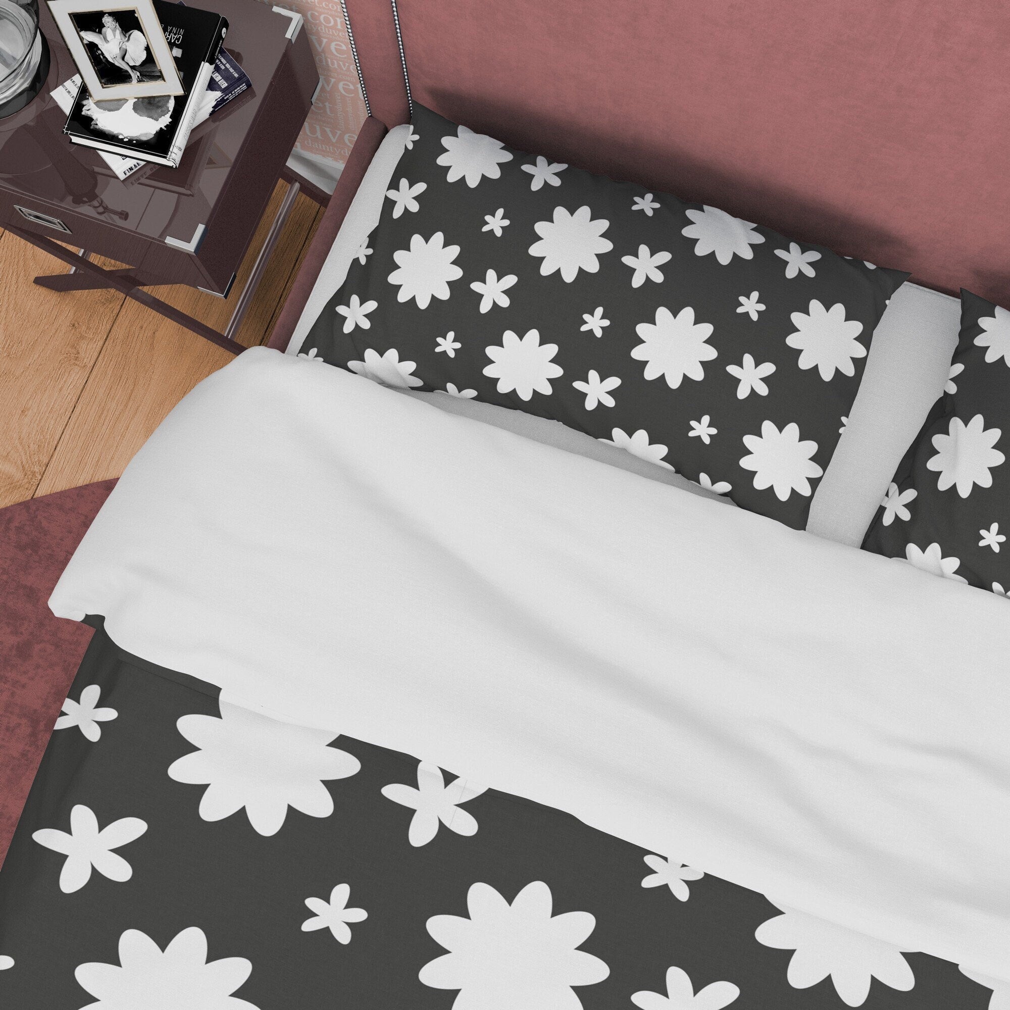 Black and White Duvet Cover Set, Geometric Flower Blanket Cover 90s Nostalgia Quilt Cover, Retro Printed Bedding Set, Groovy Bedspread