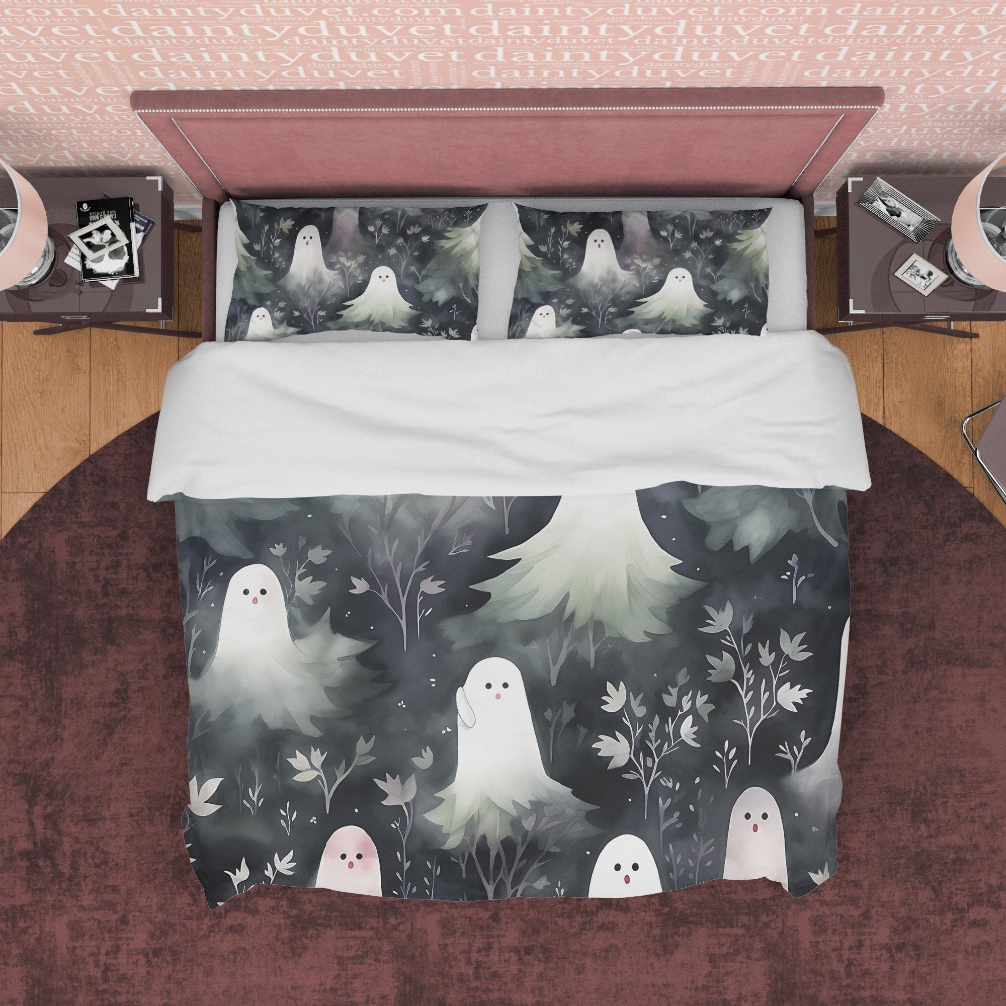 Black And White Ghost Duvet Cover Set, Creepy Quilt Cover Aesthetic Zipper Bedding, Haunted Forest Blanket Cover Halloween Room Decor