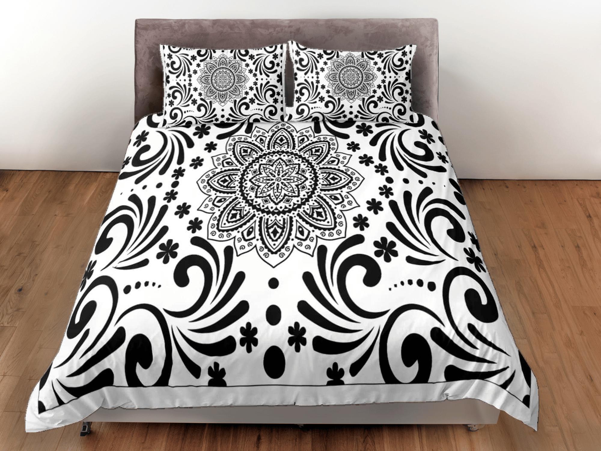 daintyduvet Black and white mandala duvet cover boho bedding set full, queen, king, dorm bedding, aesthetic room decor indian bedspread maximalist decor