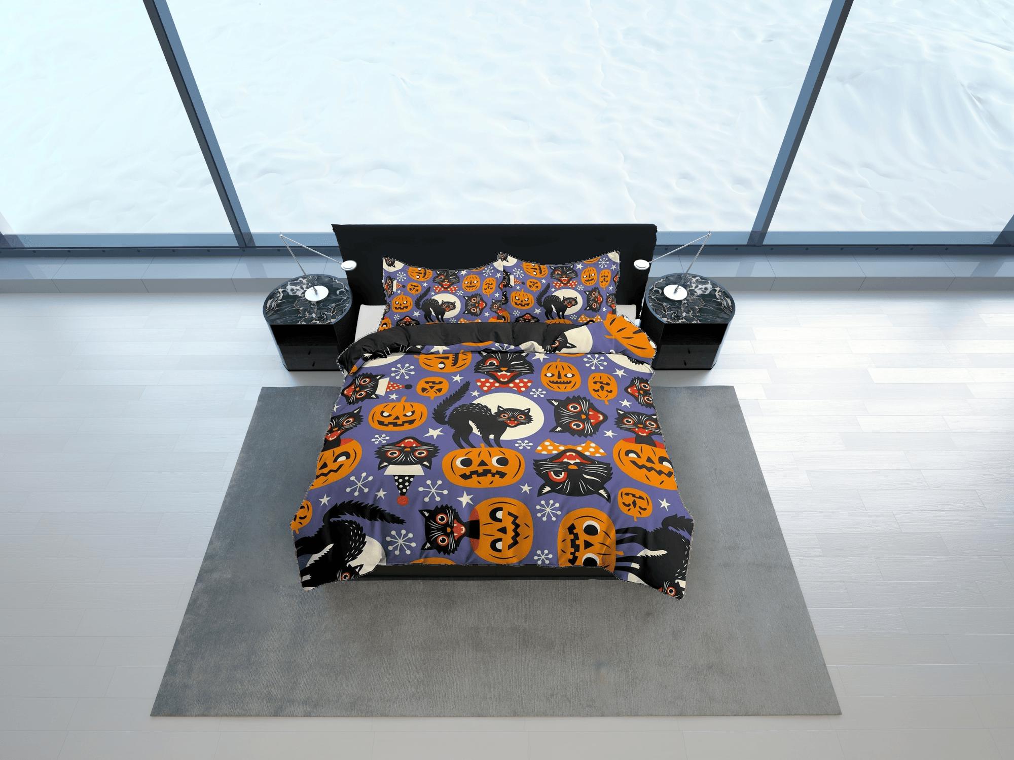 daintyduvet Black cat and pumpkin halloween bedding & pillowcase, periwinkle purple duvet cover set dorm bedding, nursery toddler bedding halloween gift
