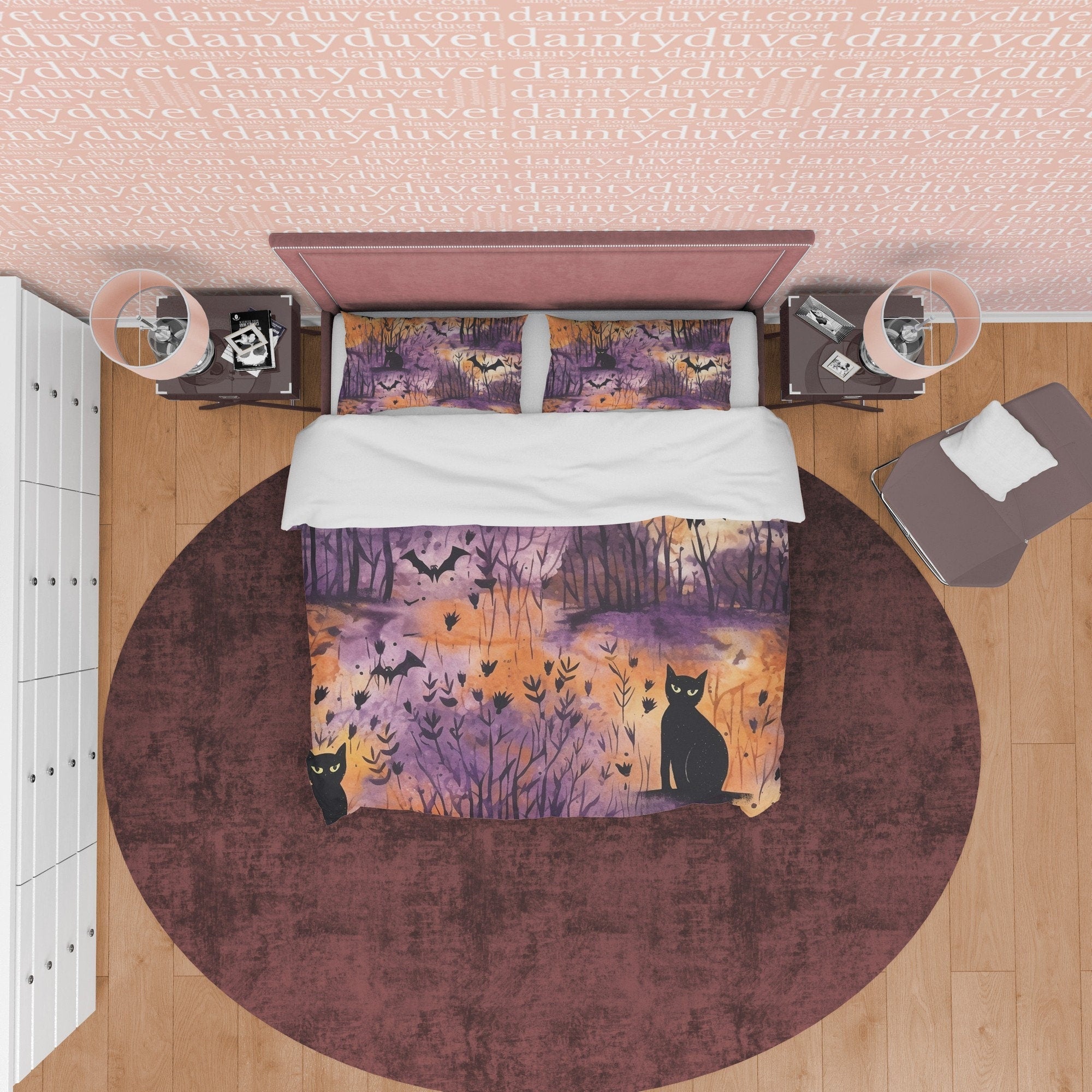 Black Cat & Bats in Woods, Duvet Cover, Aesthetic Bedding, Purple Orange Bedspread, Halloween Gift, US, UK, European, Australian Bed Size