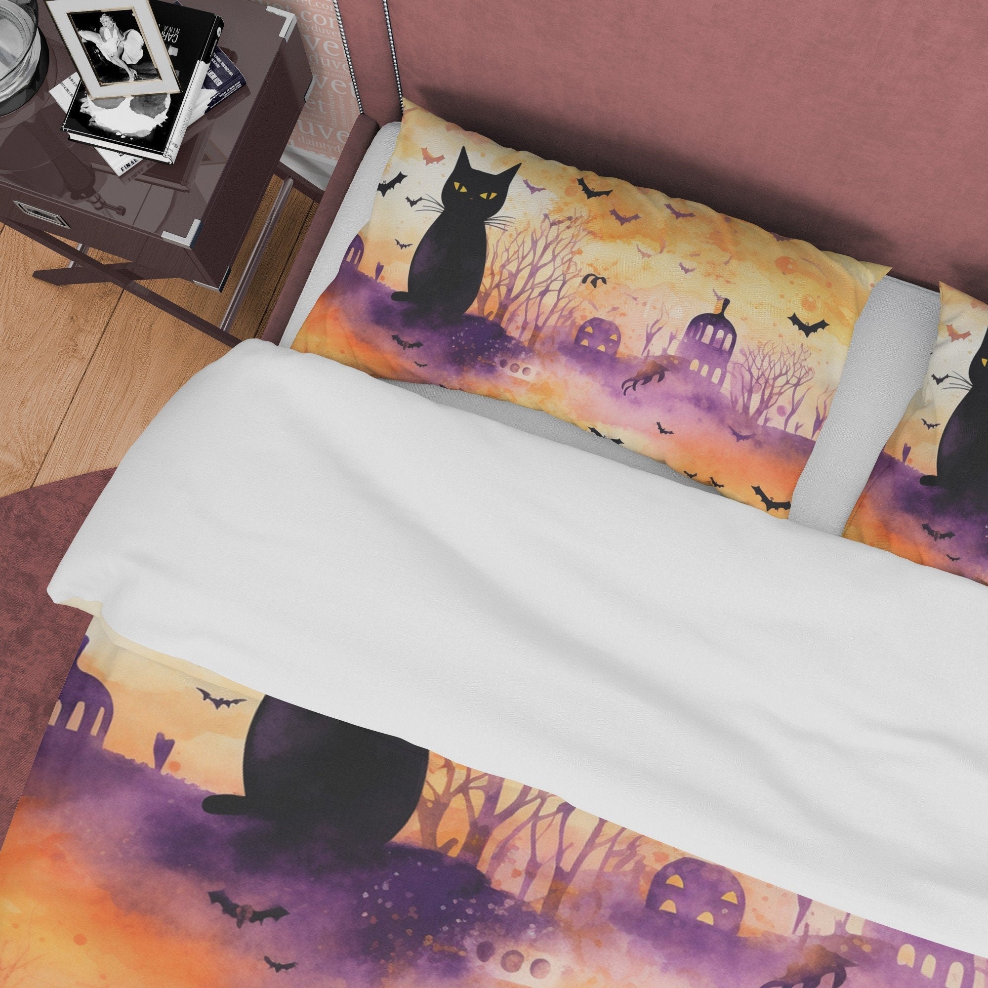 Black Cat & Bats, Orange Painted Duvet Cover Set, Aesthetic Zipper Bedding, Halloween Room Decor, US, UK, European, Australian Bed Size