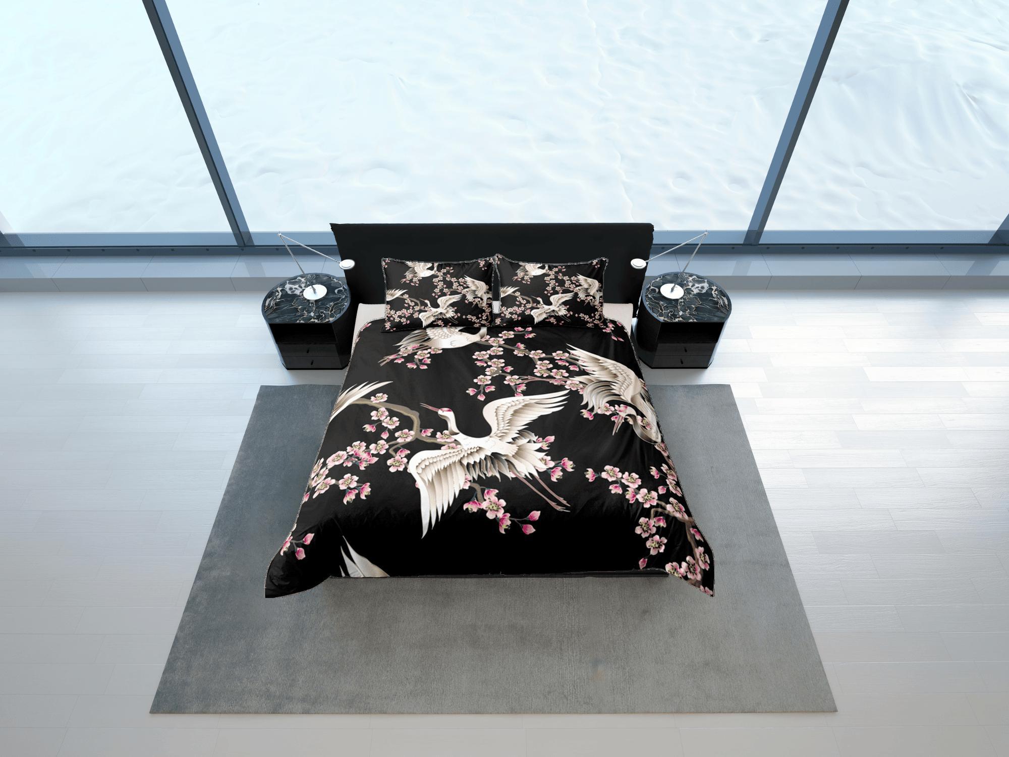 daintyduvet Black Duvet Cover Set Japanese Crane Duvet Kimono Design Floral Bedspread Pillowcase Set Dorm Bedding
