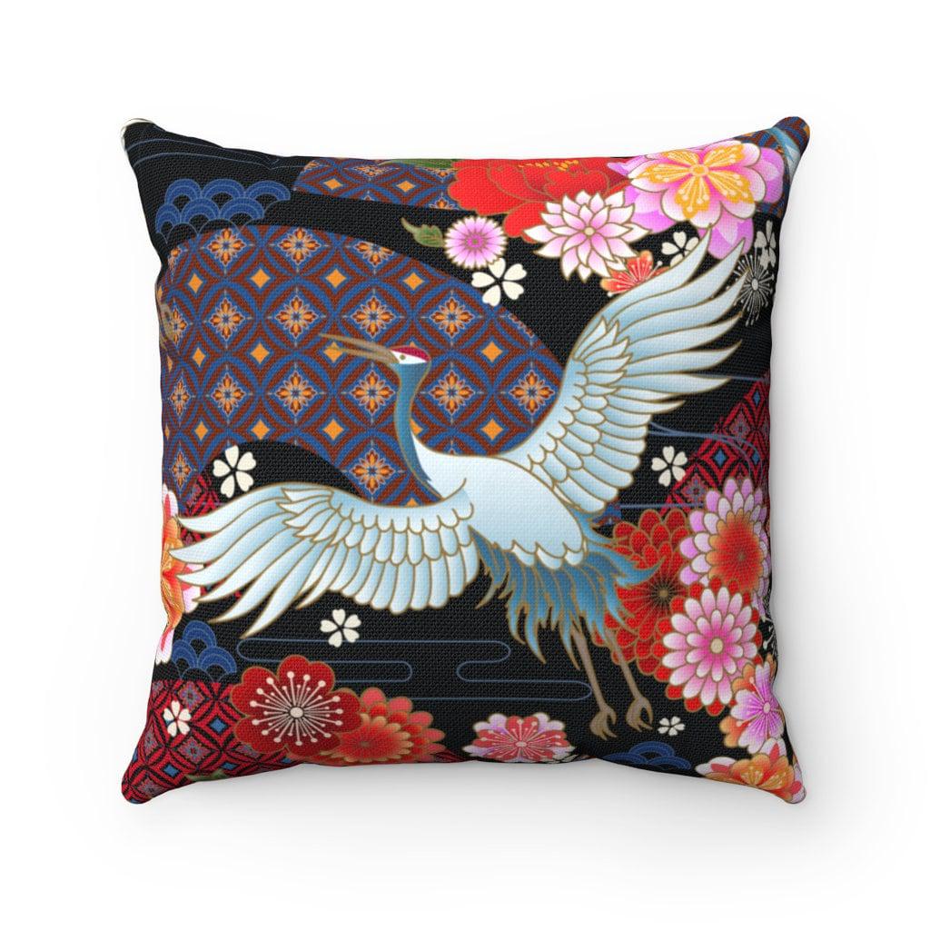 daintyduvet Black Pillowcase with Oriental Crane and Cherry Blossoms Prints, Japanese Fabric Cushion Cover, Japanese Decor Square Pillow Cover
