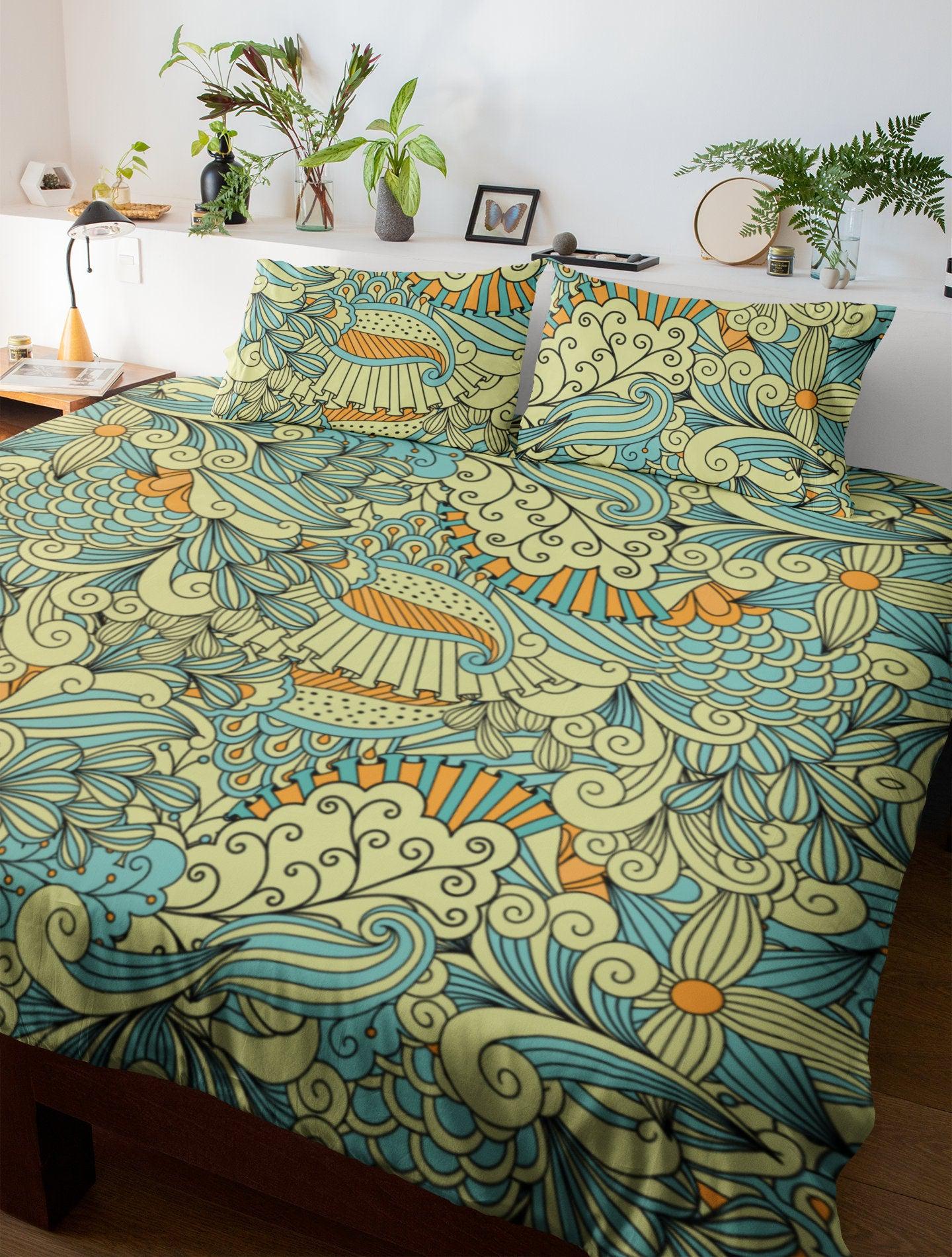 daintyduvet Blue and Yellow Mermaid Paisley Pattern Duvet Cover Set with Pillowcase, Dorm Bedding Set, Comforter Cover