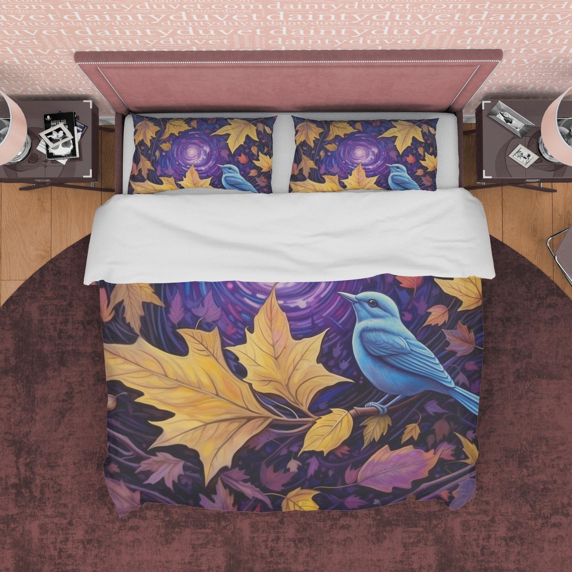 Blue Bird Fall Duvet Cover Purple Bedding Set, Warm Autumn Colors Printed Quilt Cover, Foliage Bedspread, Windy Themed Blanket Cover