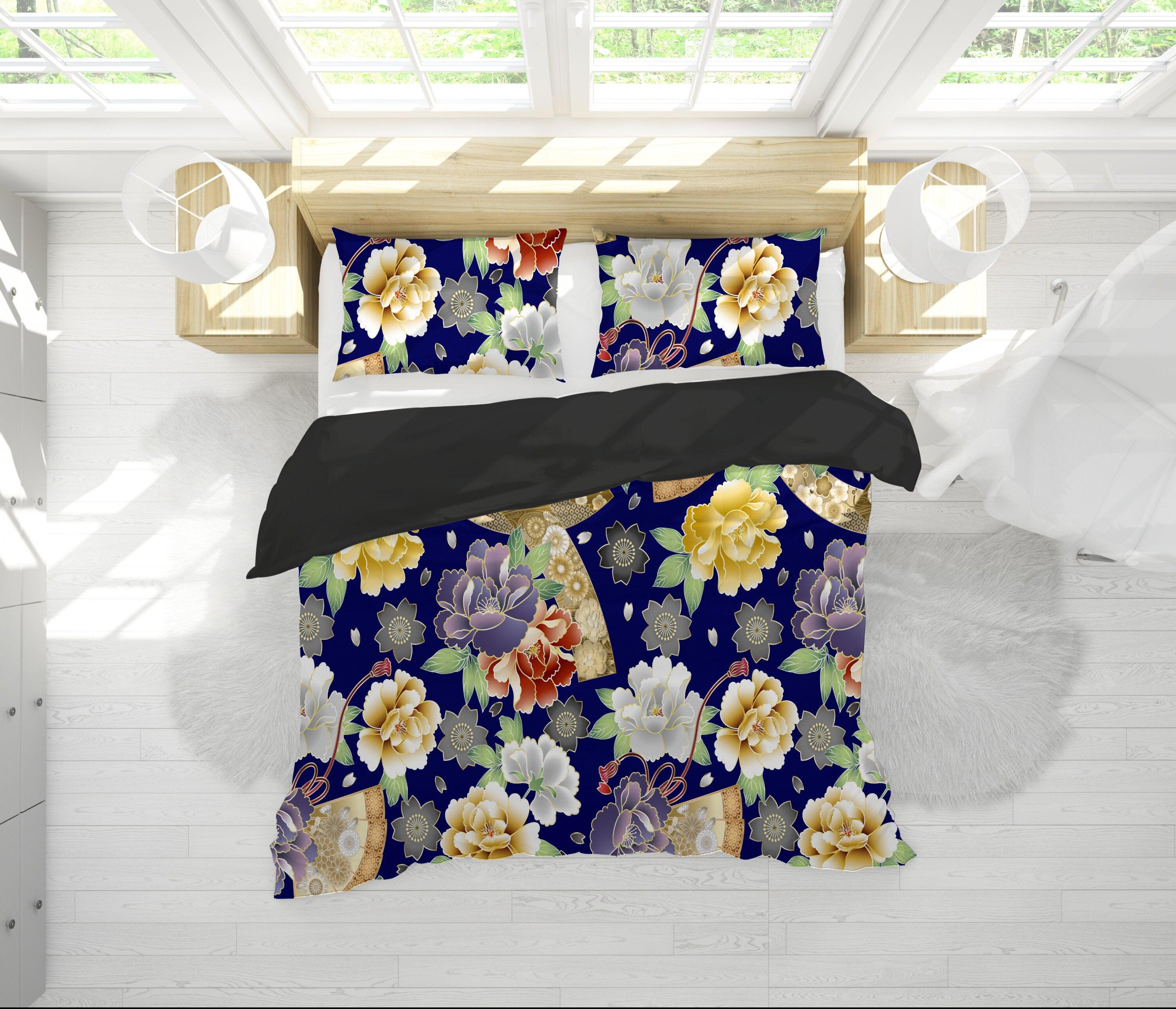 daintyduvet Blue Duvet Cover Full Set | Comforter Cover Set with Japanese Kimono Floral Prints
