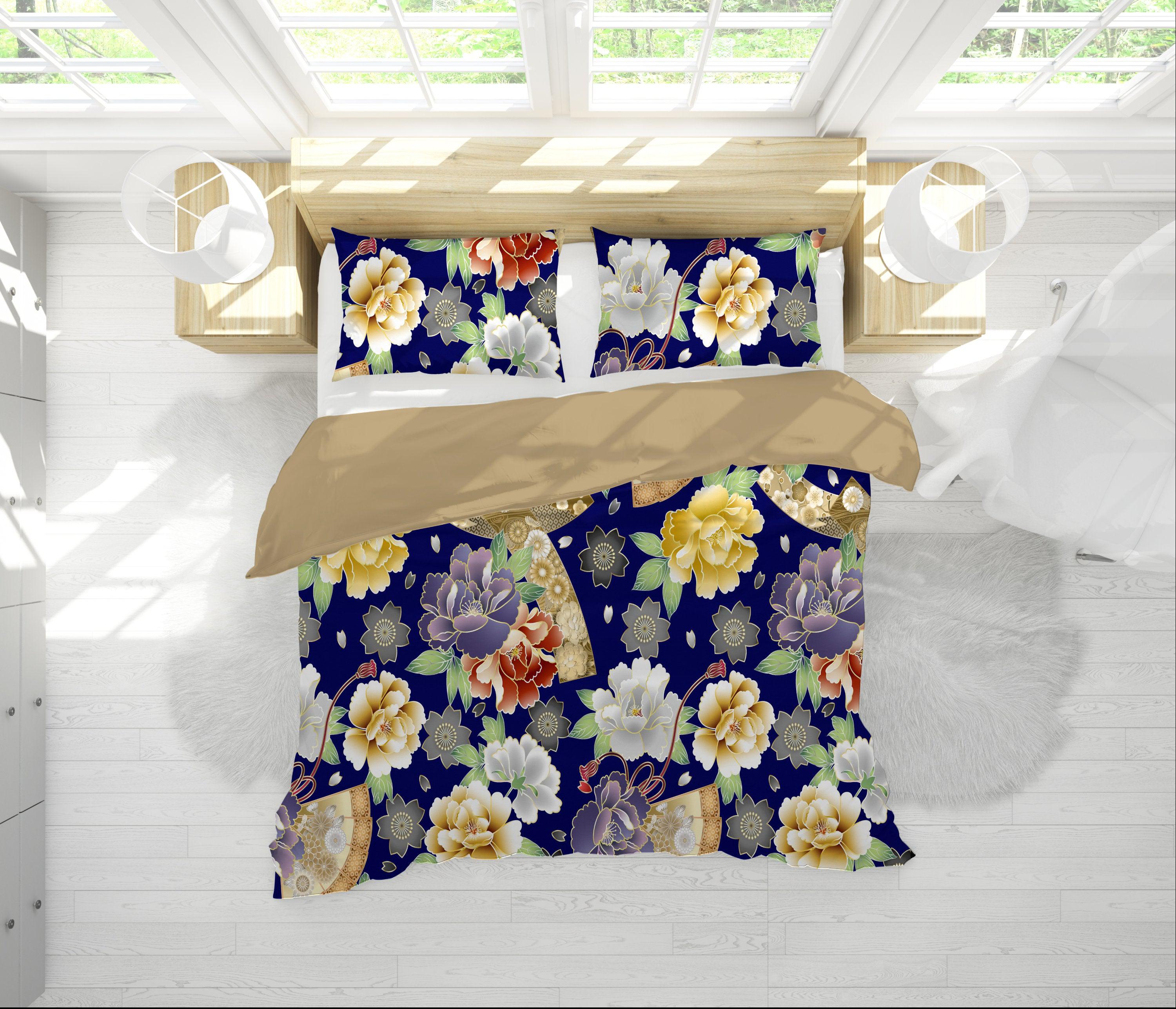 daintyduvet Blue Duvet Cover Full Set | Comforter Cover Set with Japanese Kimono Floral Prints