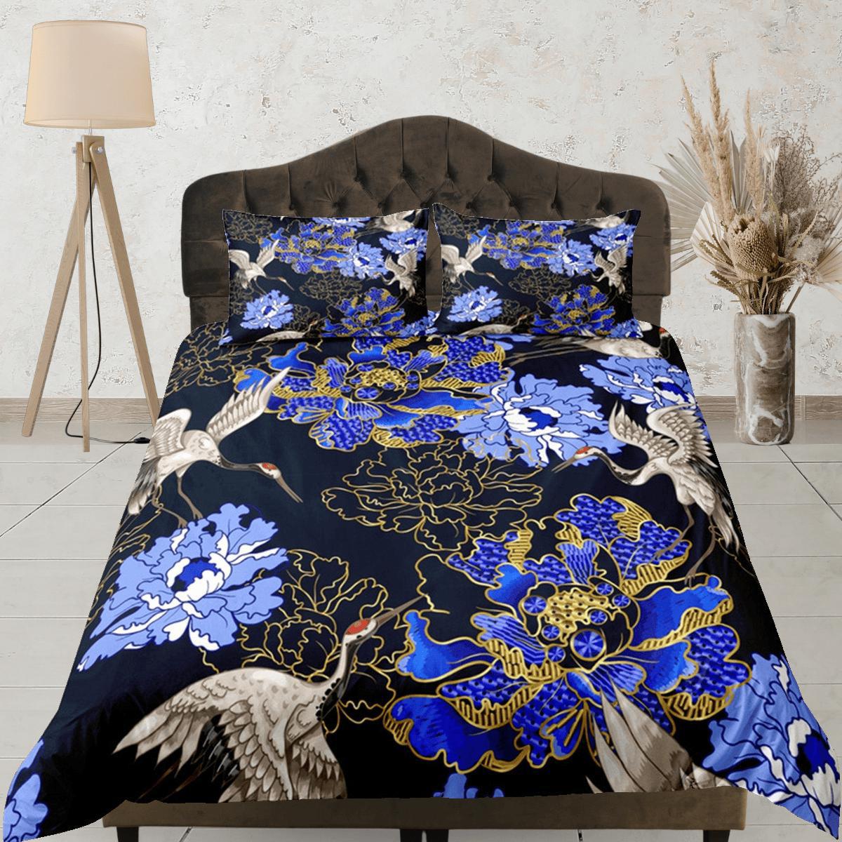 daintyduvet Blue Duvet Cover Set Floral Prints, Japanese Art Crane Bird Dorm Bedding Set & Pillowcase