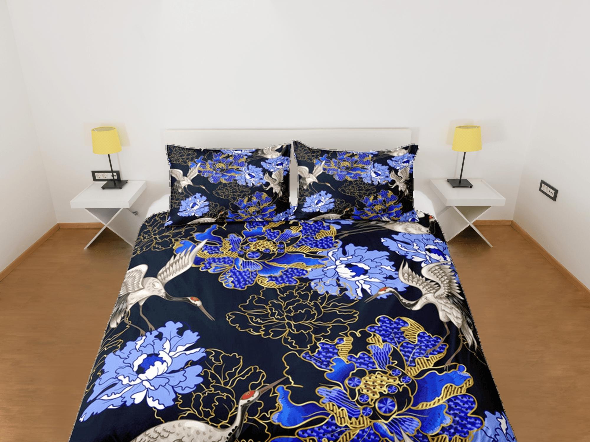 daintyduvet Blue Duvet Cover Set Floral Prints, Japanese Art Crane Bird Dorm Bedding Set & Pillowcase