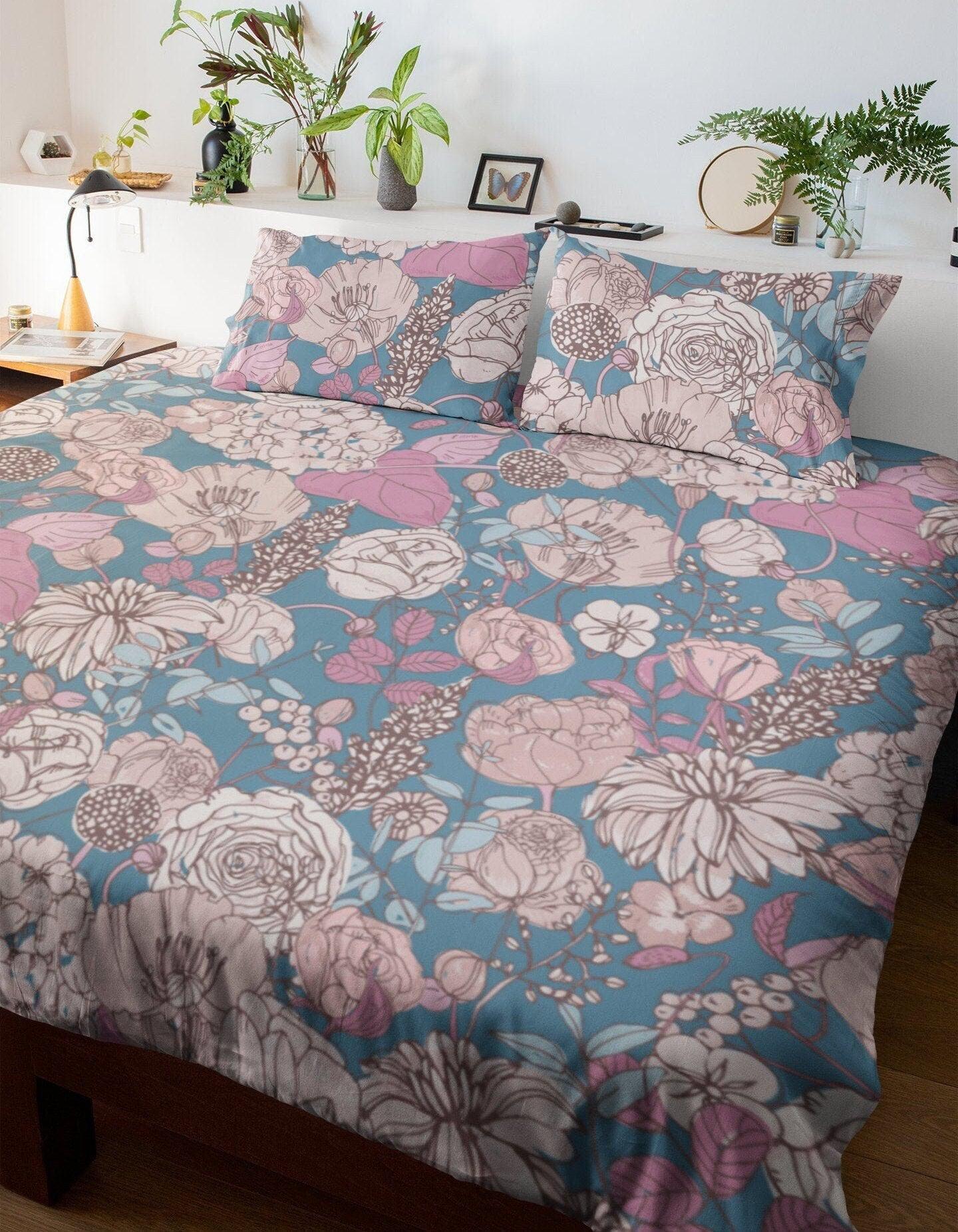 daintyduvet Blue Duvet Cover Set with Pink Hand drawn Flowers