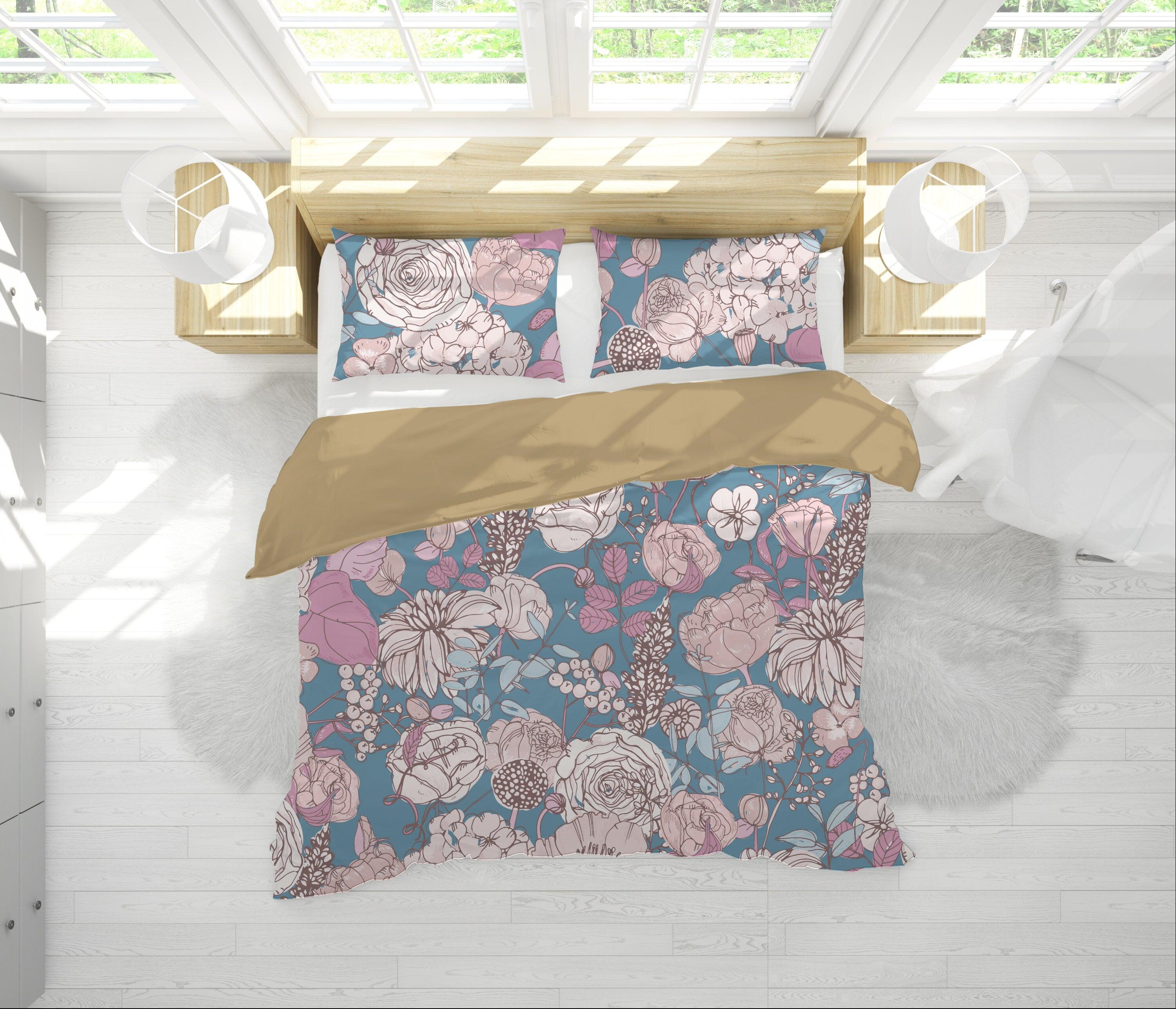 daintyduvet Blue Duvet Cover Set with Pink Hand drawn Flowers