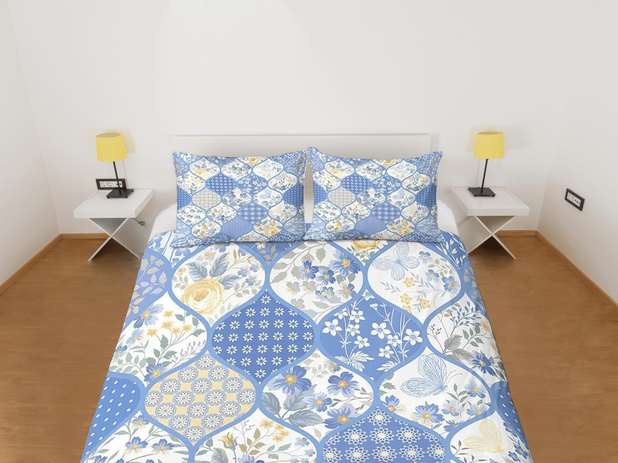 daintyduvet Blue floral patchwork quilt printed duvet cover set, aesthetic room decor bedding set full, king, queen size, boho bedspread shabby chic