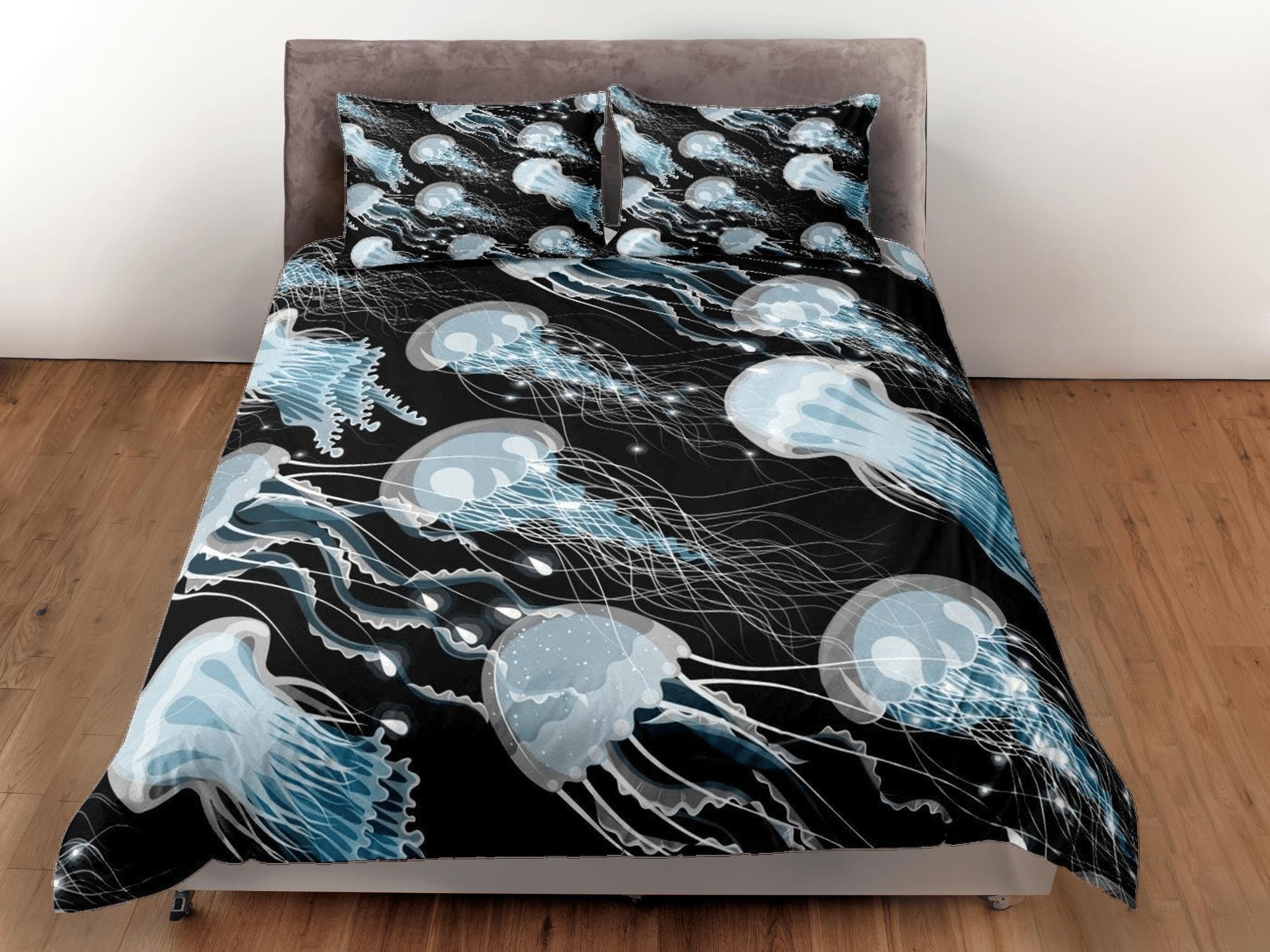 daintyduvet Blue jellyfish bedding black duvet cover, ocean blush sea animal bedding set full king queen twin crib toddler, college dorm bedding gift