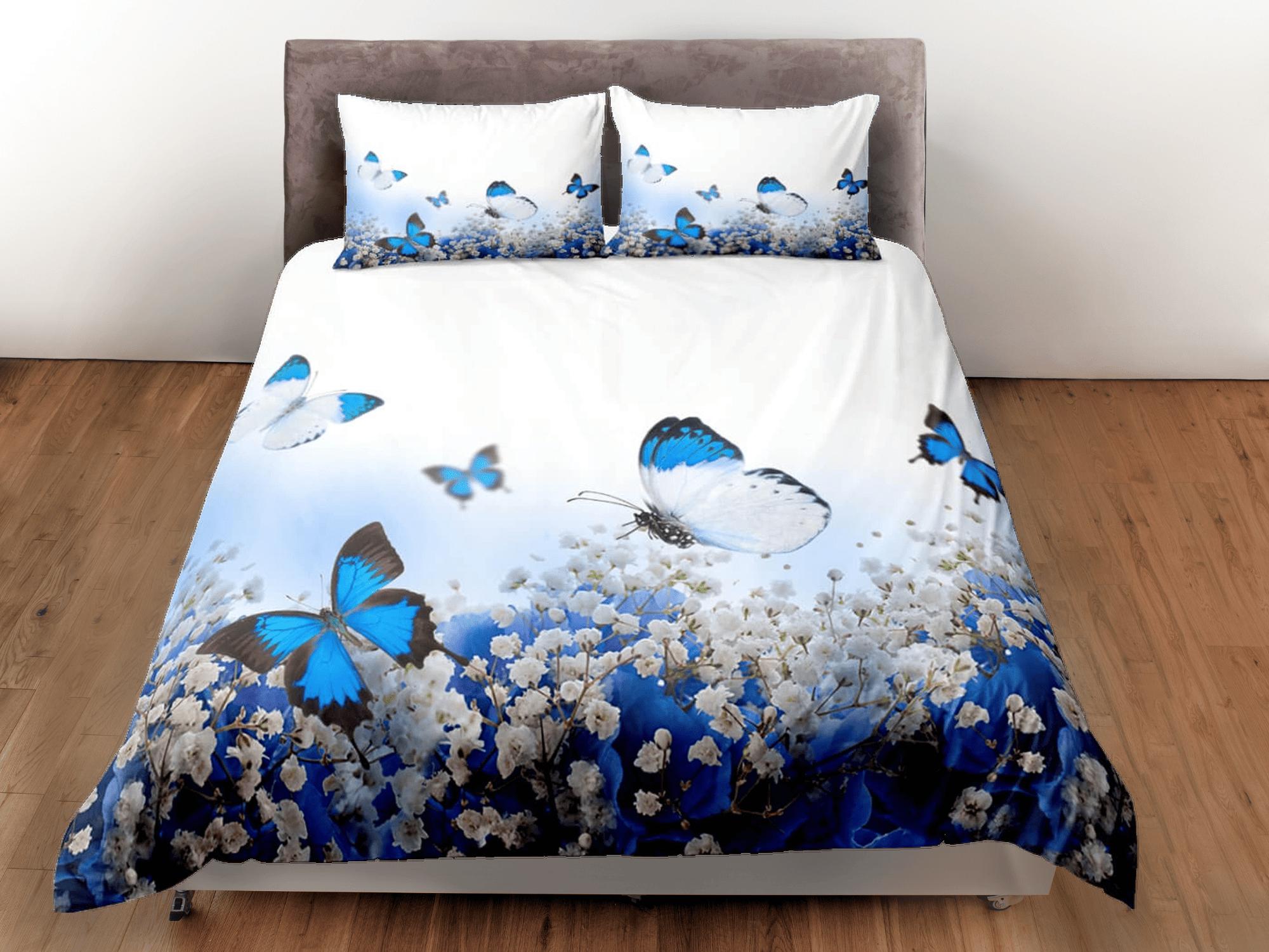 daintyduvet Blue monarch butterfly bedding duvet cover colorful dorm bedding, full size adult duvet king queen twin, butterfly nursery toddler bedding