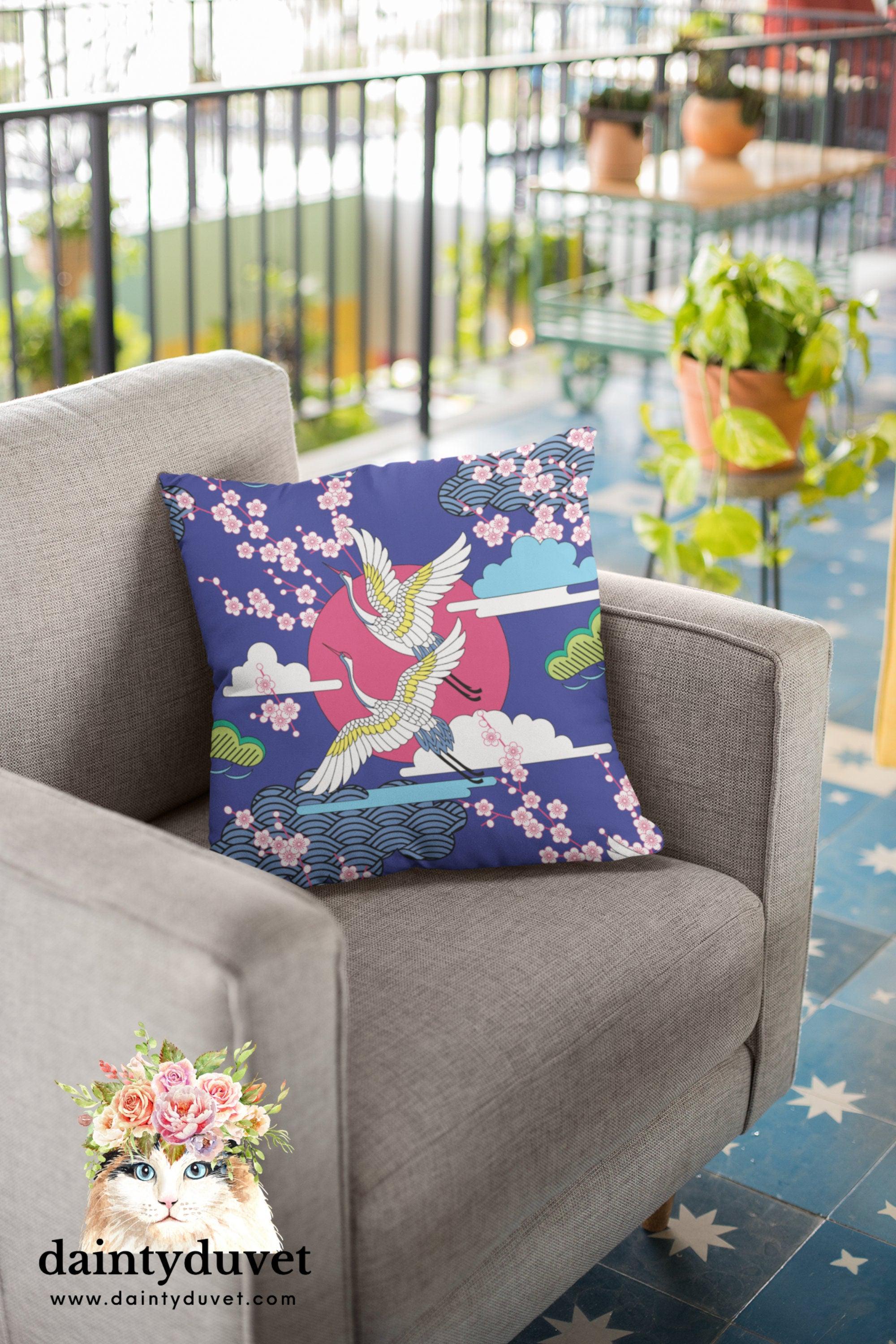 daintyduvet Blue Oriental Pillowcase with Crane and Cherry Blossoms Prints, Japanese Fabric Chair Cushion Cover, Japanese Decor Square Pillow Cover