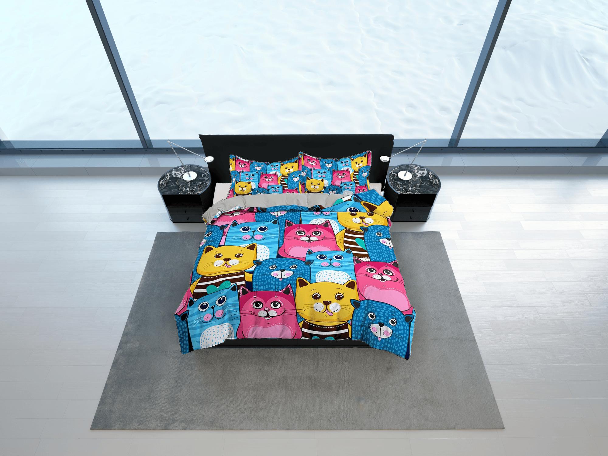 daintyduvet Blue, Pink and Yellow Cute Cats Kids Duvet Cover Set, Toddler Bedding, Kids Bedroom, Colorful Bedding, Duvet King Queen Full Twin Single