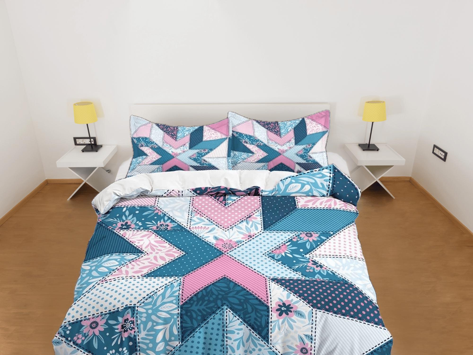 daintyduvet Blue pink crossover patchwork quilt printed duvet cover set, aesthetic decor bedding set full, king, queen size, boho bedspread shabby chic