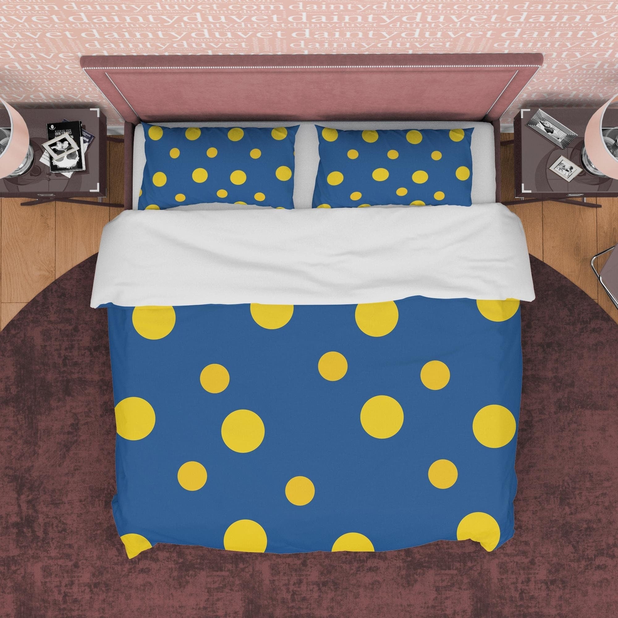 Blue Polka Dot Duvet Cover Geometric Bedding, Mid Century Modern Bedroom Set, Yellow Dotted Quilt Cover, Simple Unique Colorful Bedspread