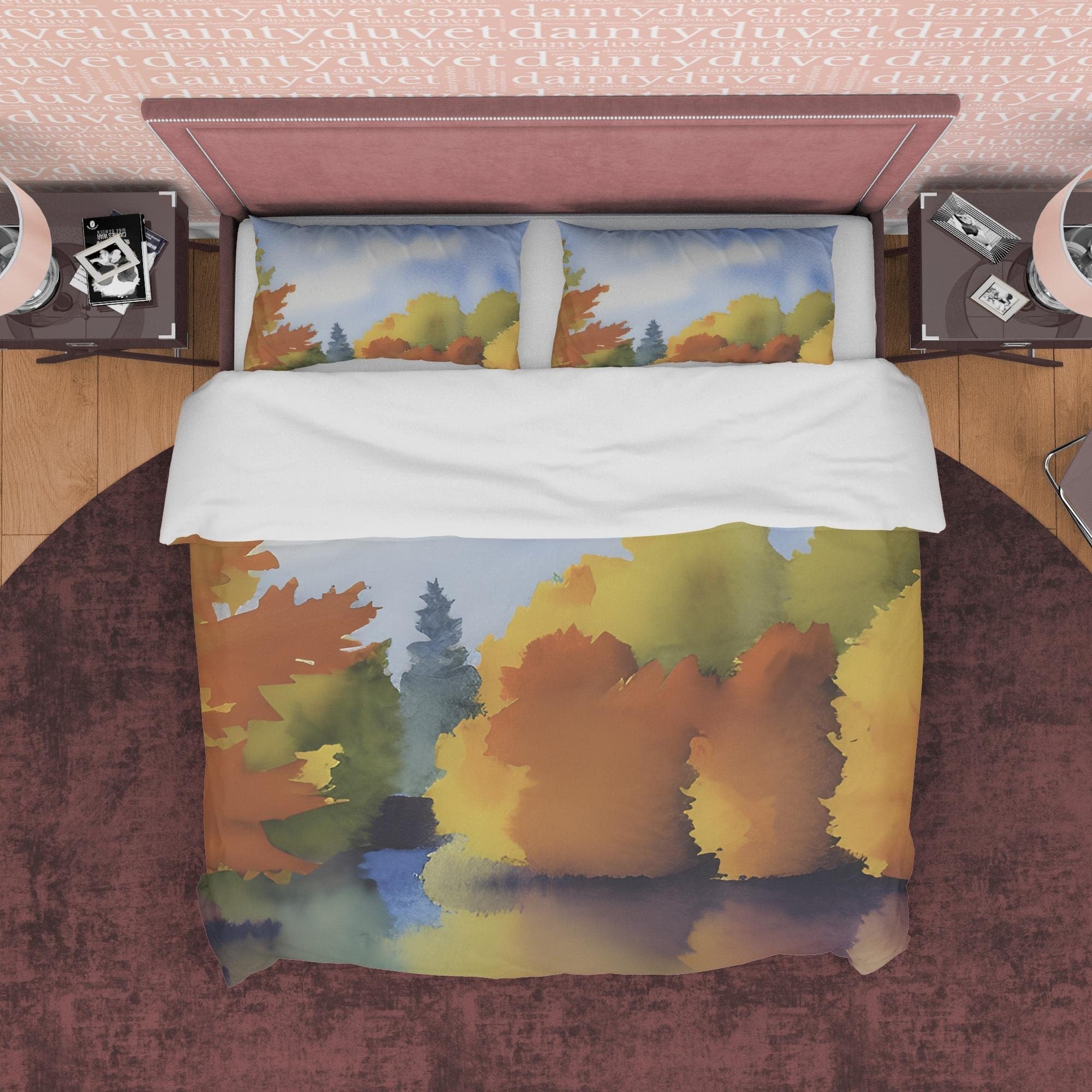 Blue Sky Fall Trees Reflection Duvet Cover Autumn Bedding Set, Warm Autumn Colors Printed Quilt Cover, Foliage Bedspread