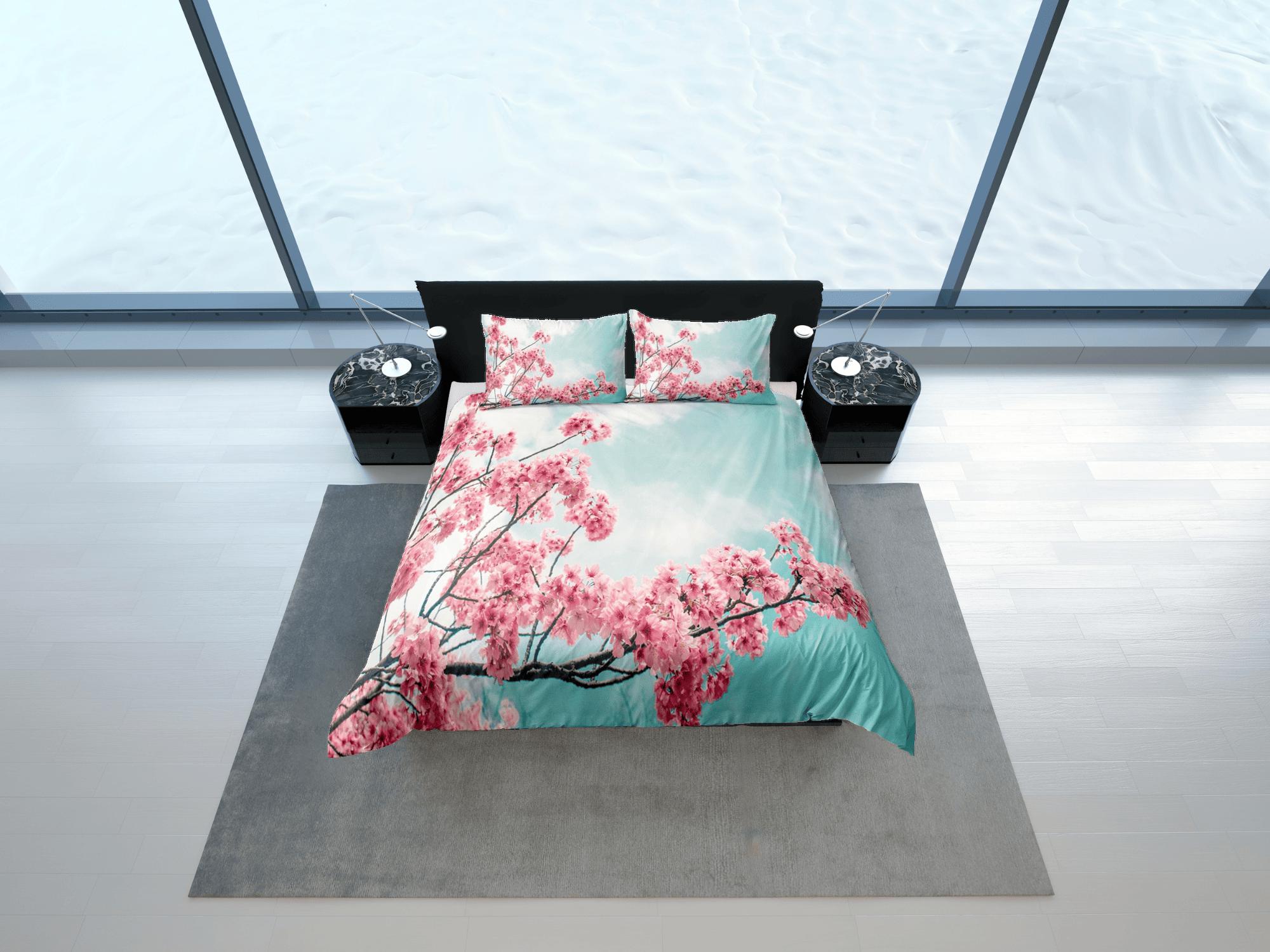 daintyduvet Blue sky pink cherry blossom bedding floral prints duvet cover queen, king, boho bedding designer maximalist full size bedding aesthetic