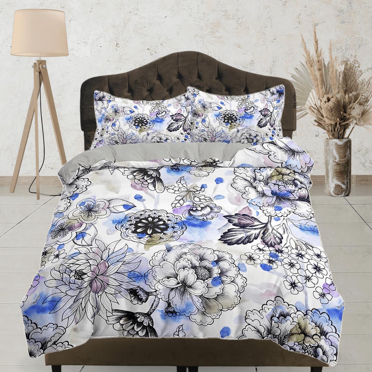 daintyduvet Blue tinted floral bedding, luxury duvet cover queen, king, boho duvet, designer bedding, aesthetic bedding, maximalist full size bedding
