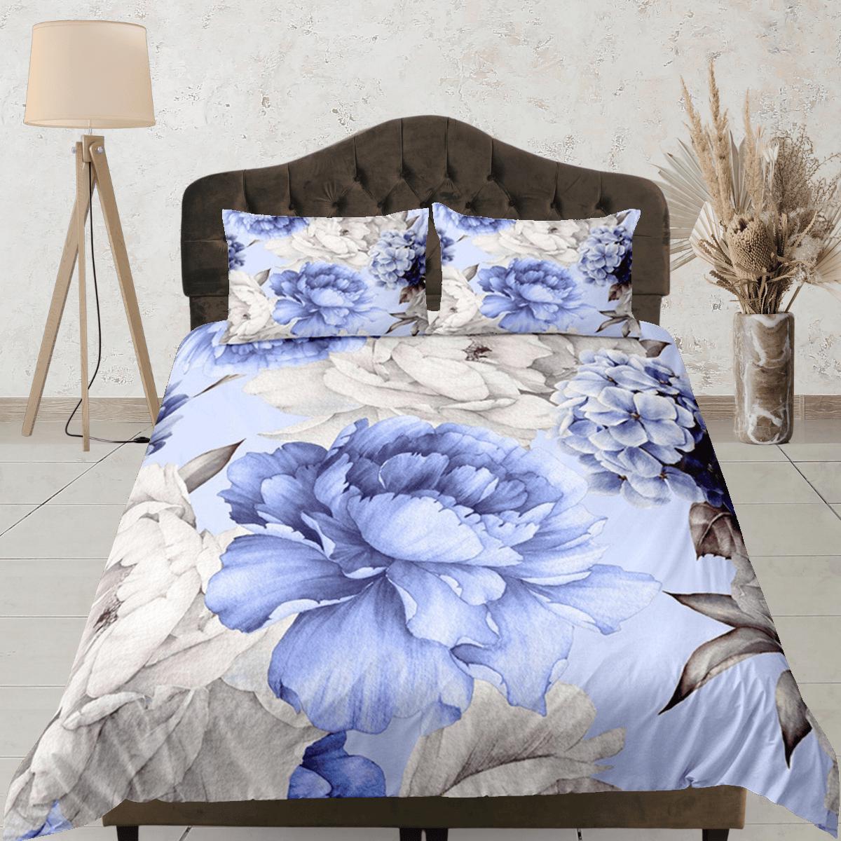 daintyduvet Blue & White Peony Blue Duvet Cover Set, Floral Bedspread Dorm Bedding Set