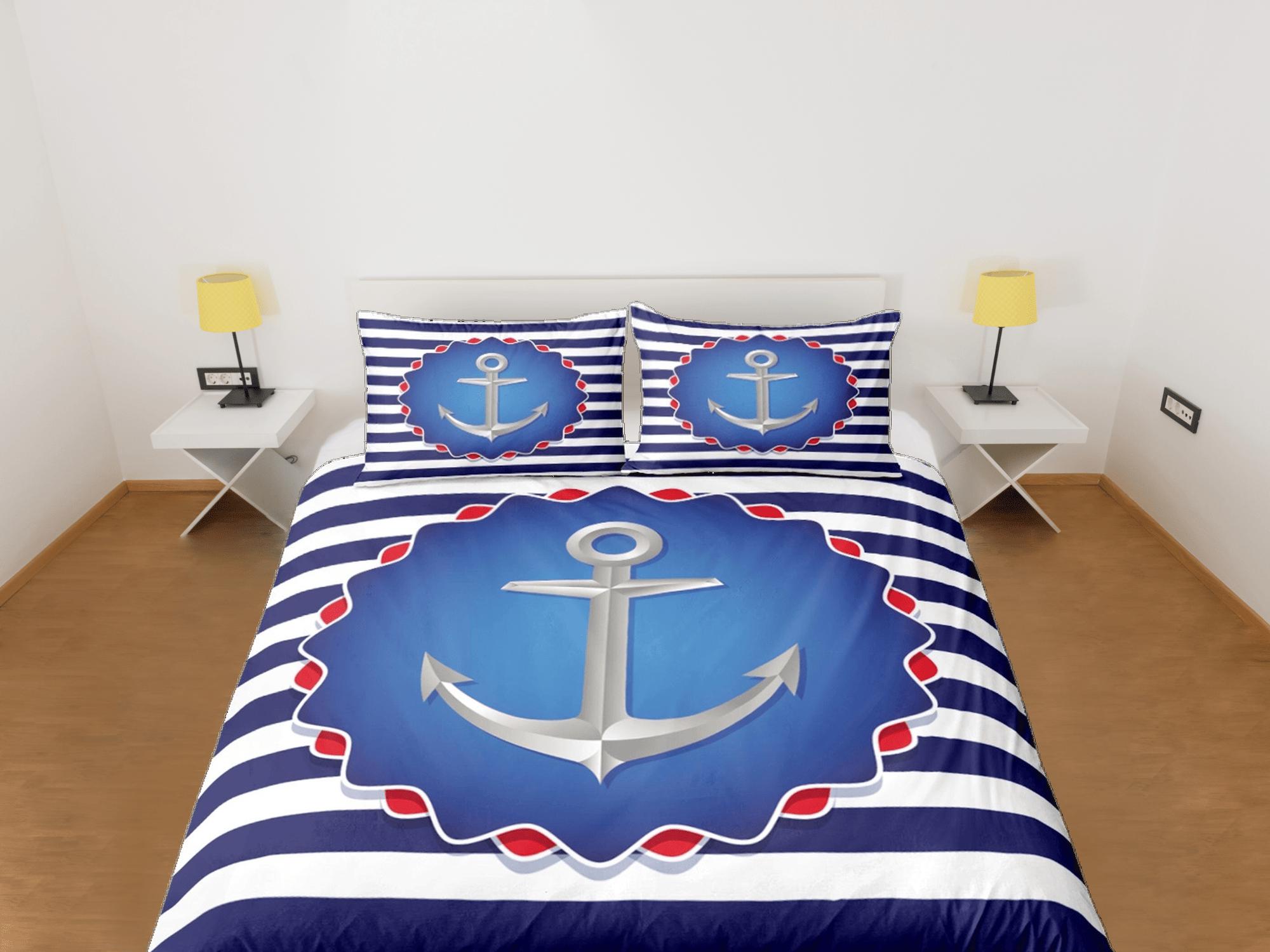 daintyduvet Blue white stripe anchor decor duvet cover coastal grandma nautical bedding set full queen king, aesthetic room decor, seaman gift