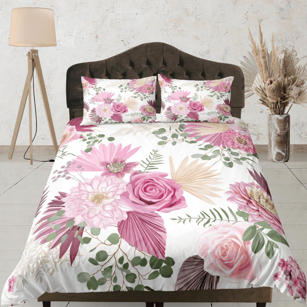 daintyduvet Bohemian pink roses and camelia duvet cover colorful bedding, teen girl bedroom, baby girl crib bedding boho maximalist bedspread aesthetic